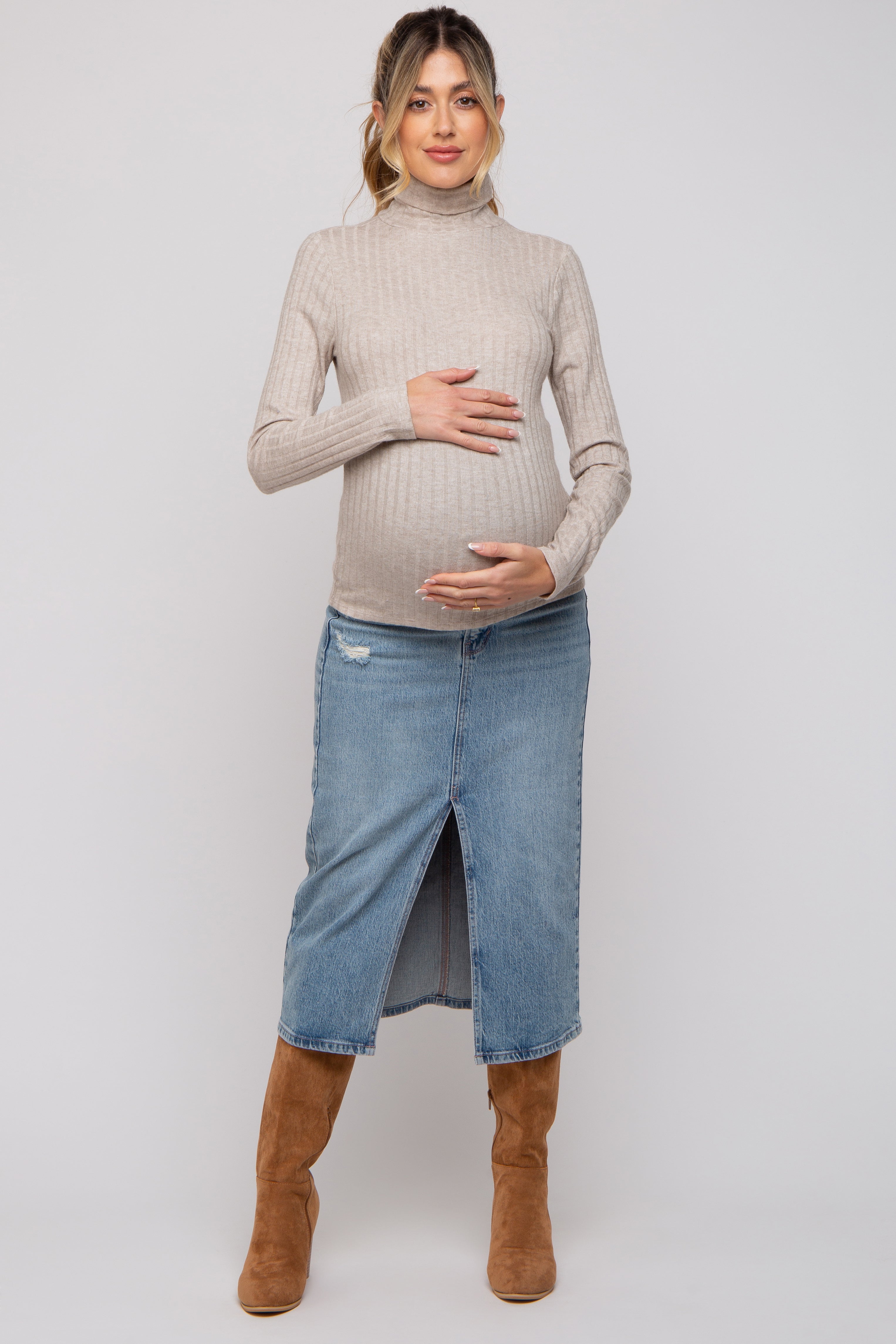 Beige Ribbed Long Sleeve Maternity Turtleneck Top - Soft Stretchy Pregnancy Shirt for Women | Perfect for Work, Casual Wear & Maternity Photos