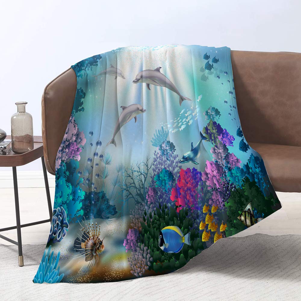 Yunine Lmorey Super Soft 60x80 Inch Throw Blanket - Underwater World with Dolphins & Plants Design for Bed, Couch, Sofa - Perfect for Travel, Camping, Kids & Adults - Cozy Home Decor & Gift Idea
