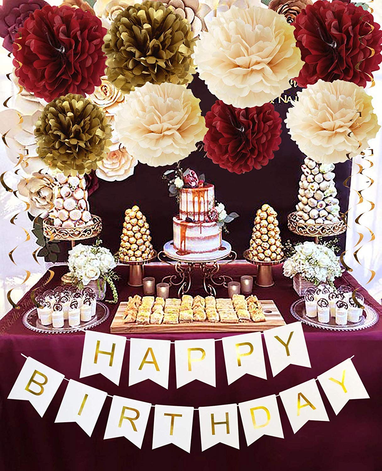 Burgundy Gold Birthday Party Decorations Set - Elegant Champagne Gold Tissue Pom Poms & Happy Birthday Banner - Perfect for Women's Birthday, Fall Celebrations & 30th Birthday Parties - Great for Home Decor, Baby Showers & Anniversary Events