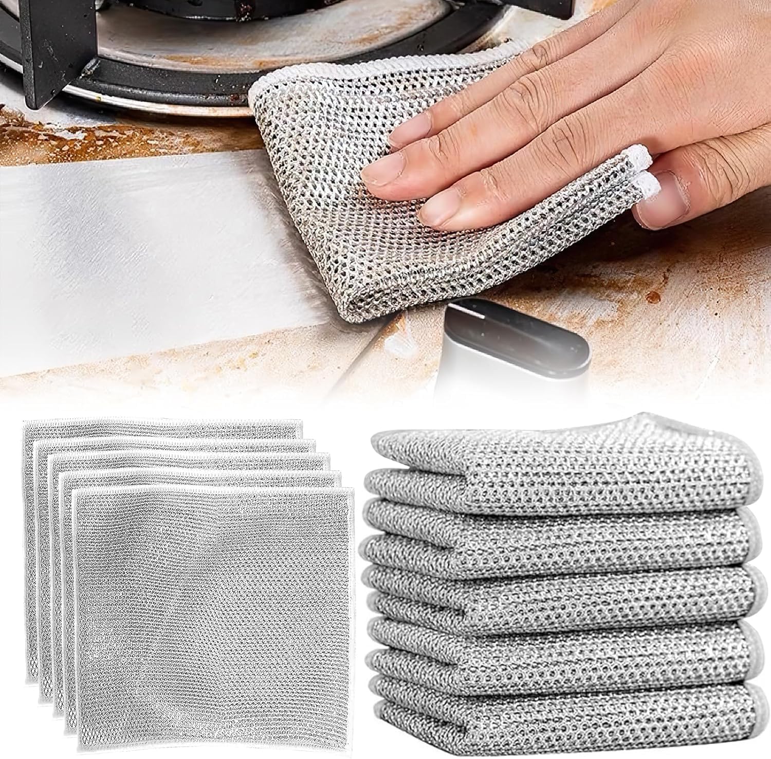 NESTIFY Non-Scratch Wire Dish Cleaning Cloths - 5 Pack Multipurpose Dishwashing Rags for Wet & Dry Use, Easy Rinse & Reusable Kitchen Towels - Perfect for Pots, Pans, Dishes & Countertop Cleaning