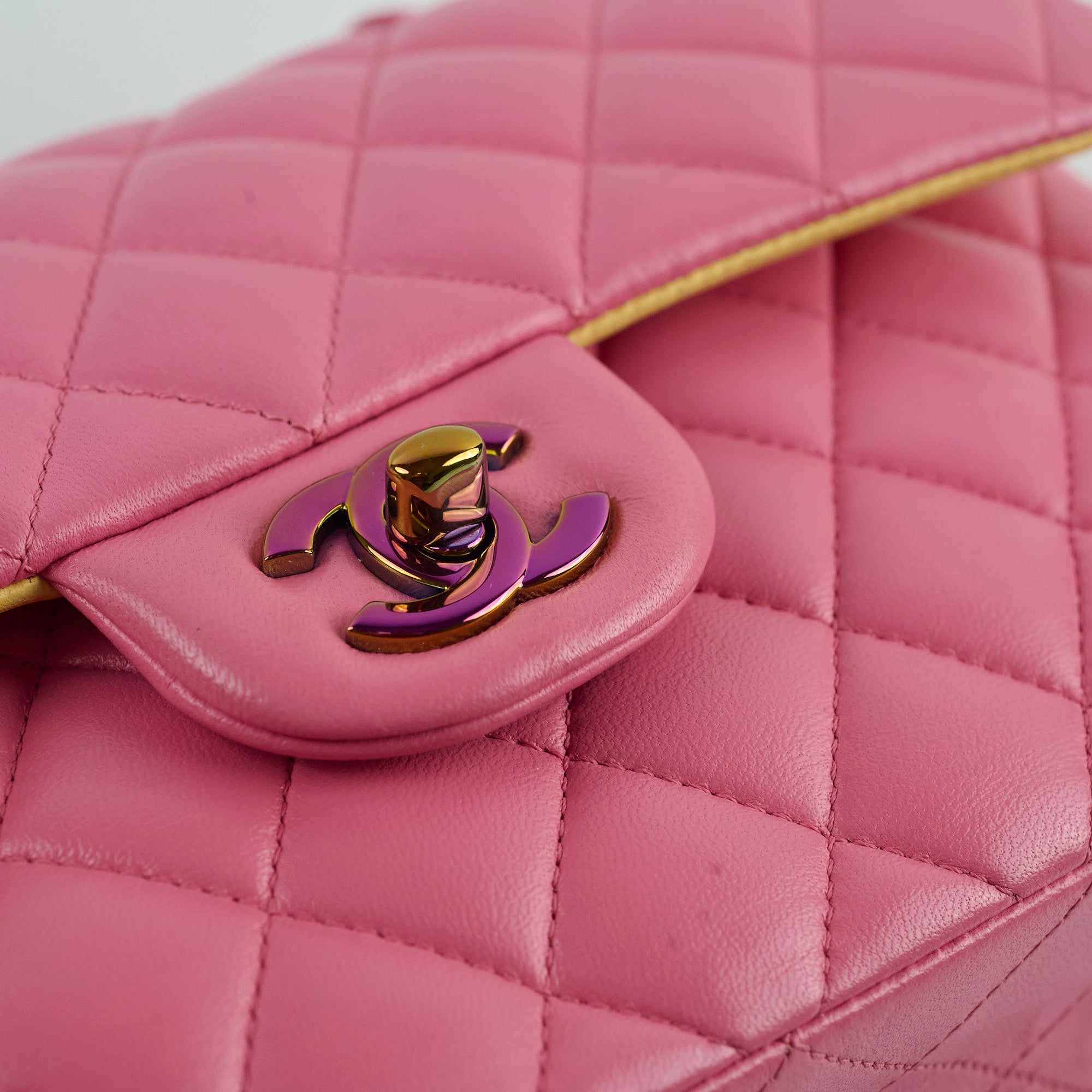 Chanel Small Double Classic Flap Bag in Pink & Yellow | Luxury Designer Crossbody Purse for Women | Perfect for Date Night & Special Occasions