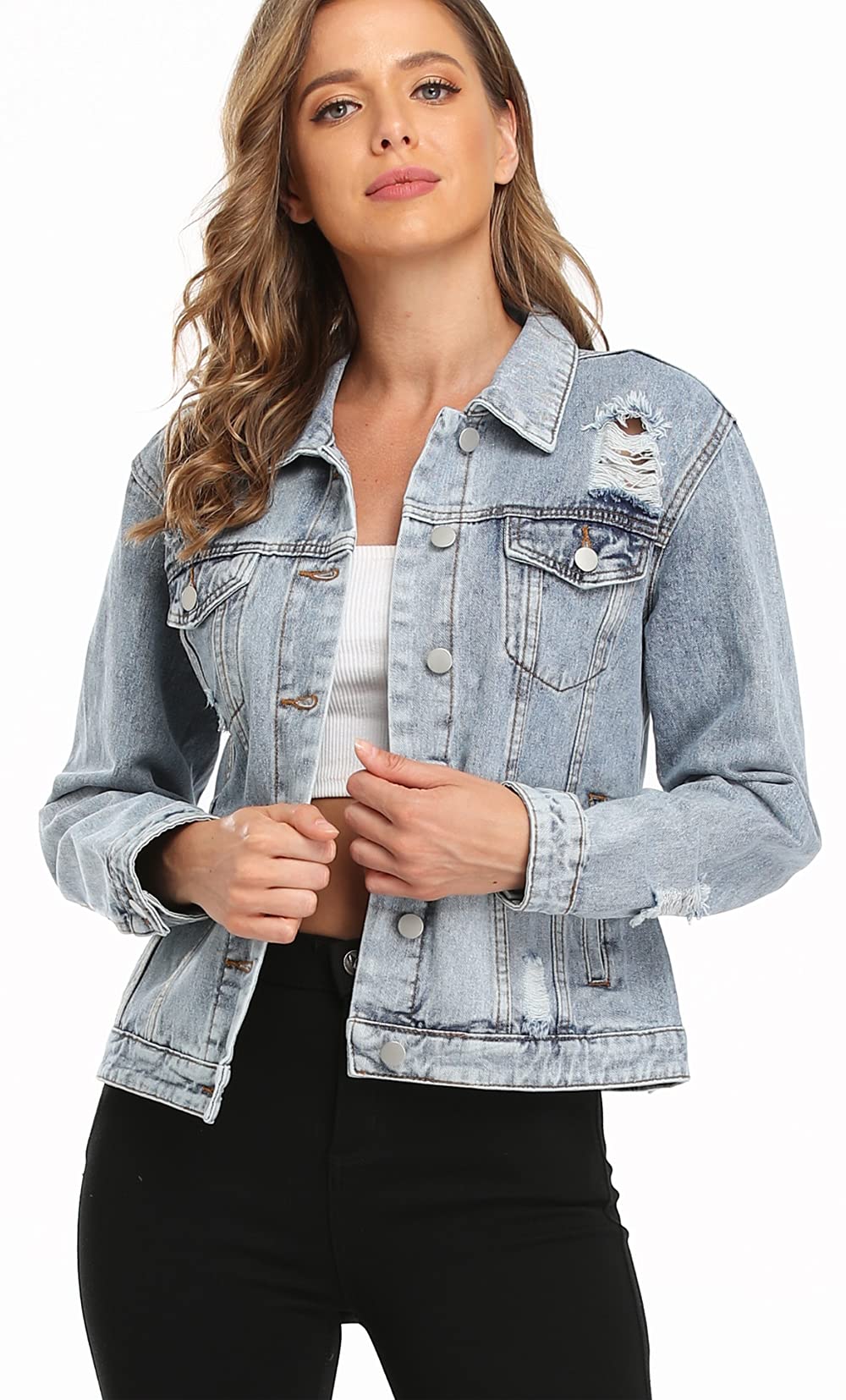 Vintage Ripped Denim Jacket for Women - Distressed Button Up Long Sleeve Trucker Jacket | Casual Outfit, Streetwear, Fall Fashion