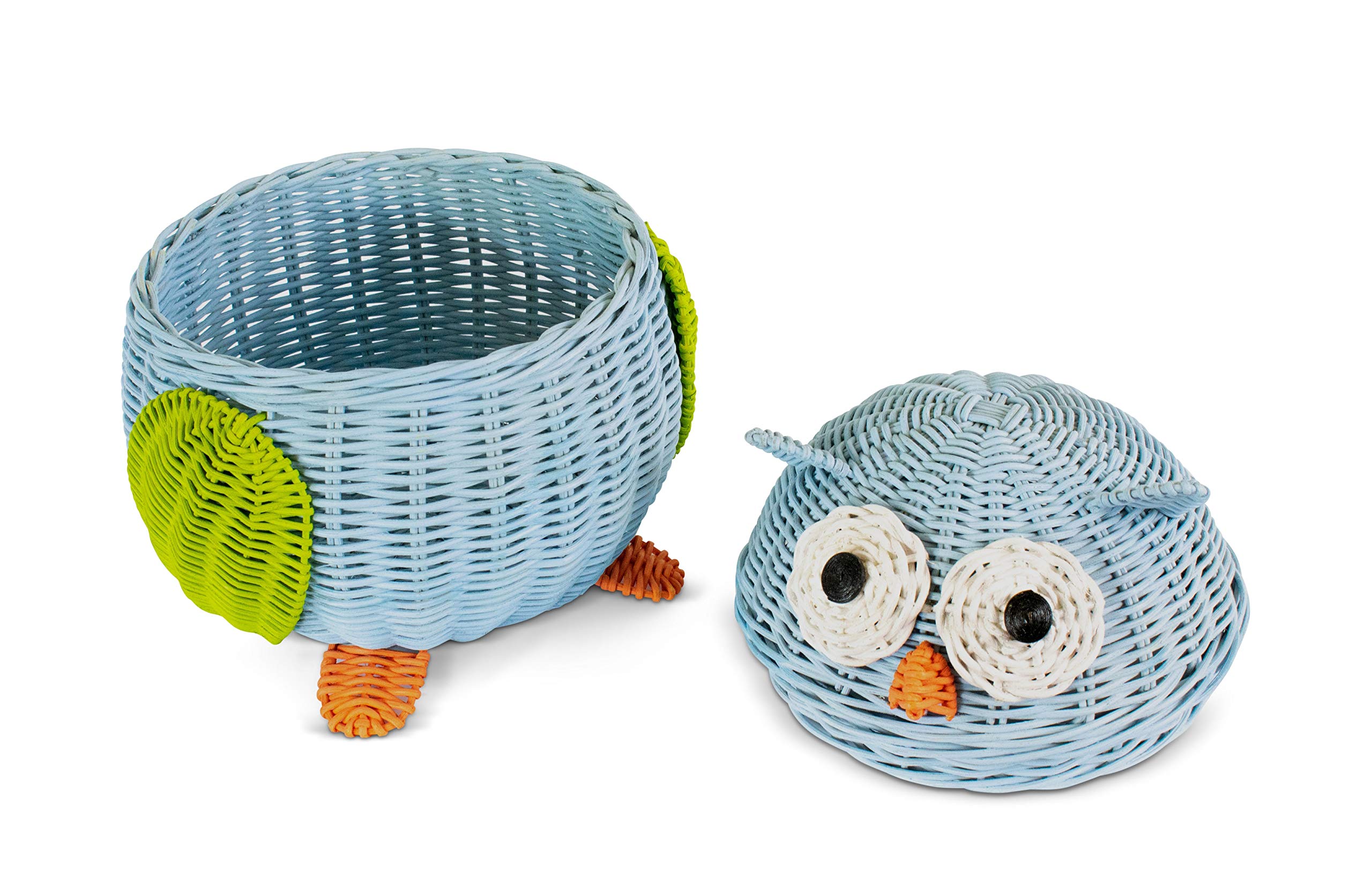 Handwoven Owl Rattan Storage Basket with Lid - Large Blue Wicker Organizer for Home Decor, Shelf Storage & Gift | Perfect for Nursery, Living Room & Bathroom Organization