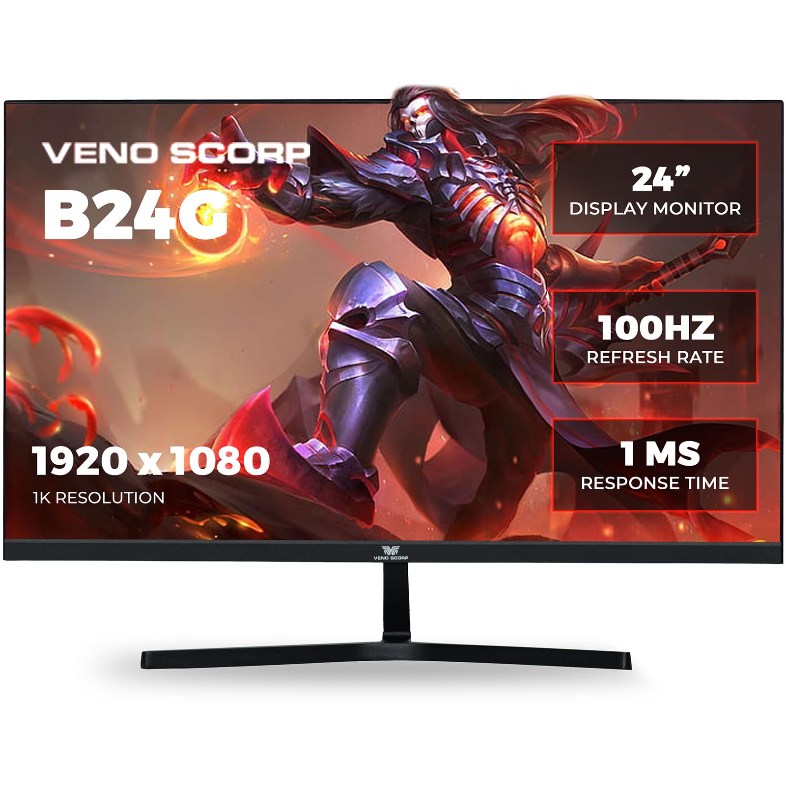 VENOSCORP 24 Inch Gaming Monitor - FHD 1080p 100Hz, 1ms Response Time, Ultra-Thin Bezel, HDMI & VGA Ports, Eye Care LED Display for PC Gamers & Office Work (Black, B24G) - Perfect for Esports, Streaming & Multitasking