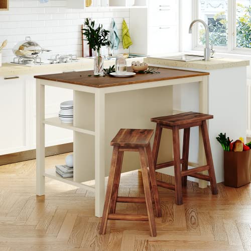 Kitchen Island Set with Table & 2 Stools - 2-Tier Open Shelves & Spacious Tabletop - Space-Saving Dining Table Chair Set for Small Kitchens, Apartments & Breakfast Nooks