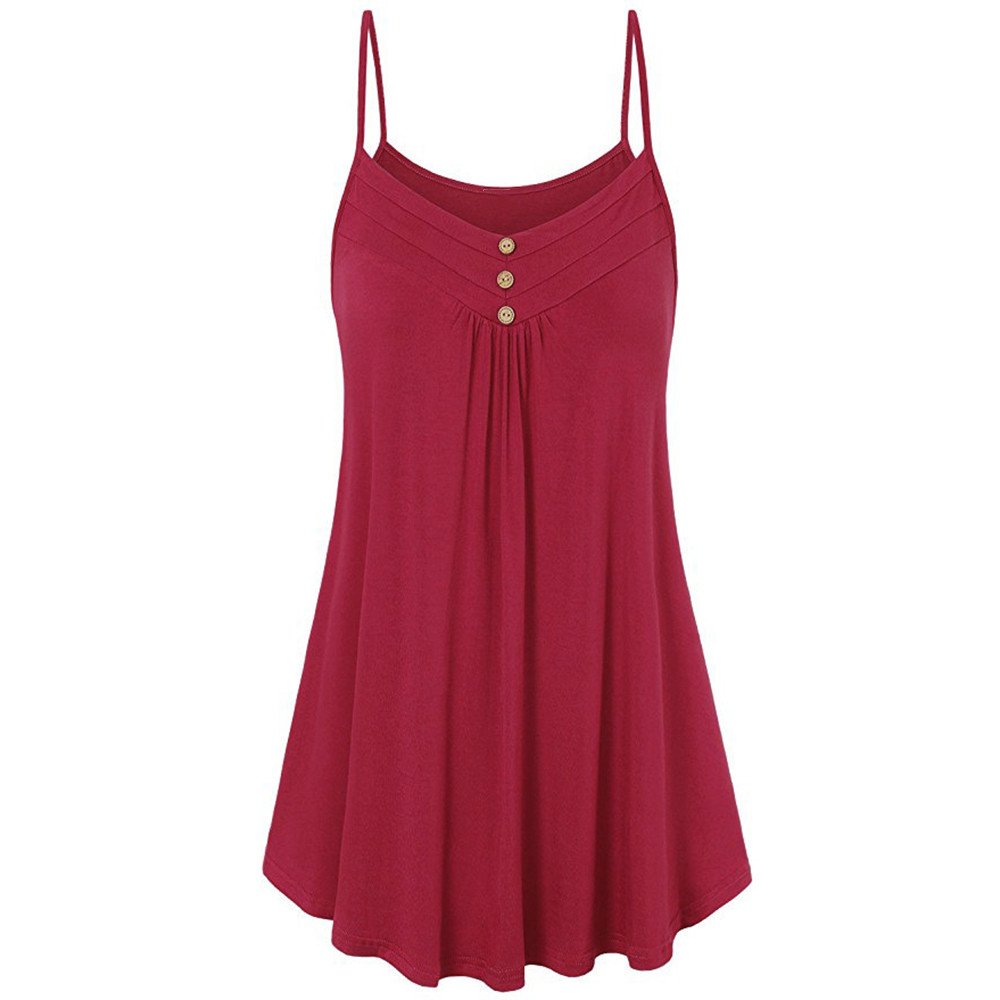 Women's Summer Loose Button V-Neck Cami Tank Top - Breathable Casual Blouse for Beach, Travel & Daily Wear (Red, XXXXL)