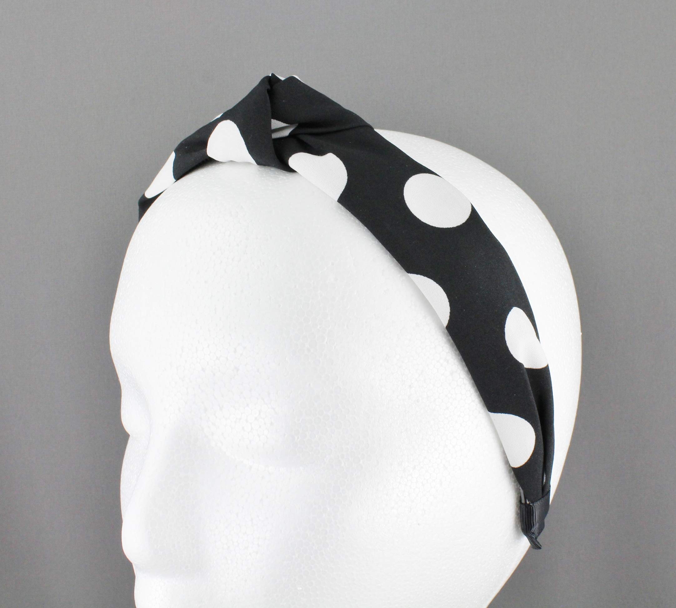 Black and White Turban Knot Headband with Polka Dot Pattern - Non-Slip Fabric Hair Band with Teeth Grip - Perfect for Yoga, Workouts, and Everyday Fashion Accessory