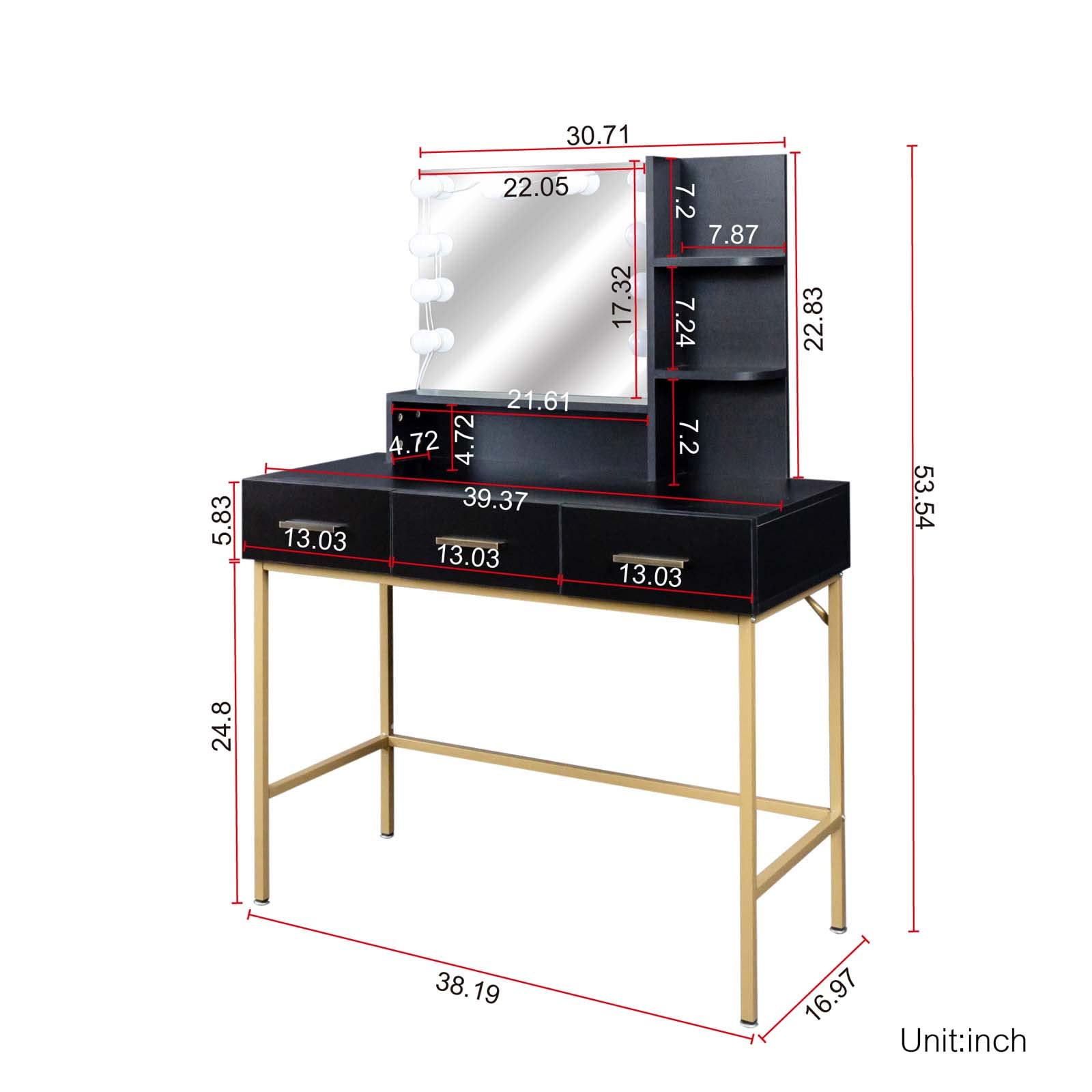 Modern Vanity Table Set with 10 LED Lights Makeup Mirror & Stool - Adjustable Brightness, 3 Storage Drawers, Black Makeup Dresser for Women Bedroom | Perfect for Daily Beauty Routine & Small Space Organization