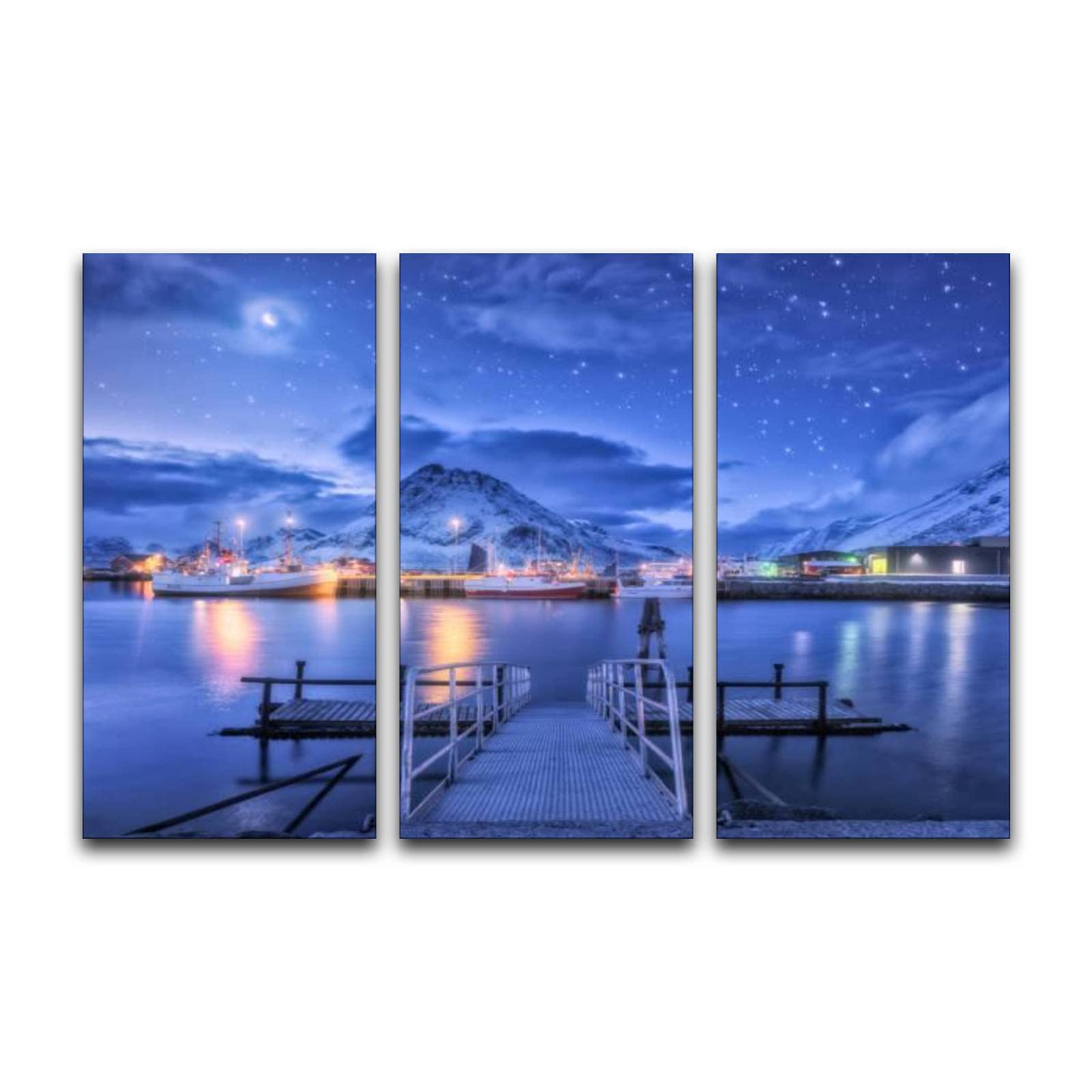 3 Panel Wall Art - Modern Canvas Prints of Fishing Boats Near Pier on Sea with Snowy Mountains & Starry Sky - Home Decor for Living Room & Bedroom - Ready to Hang - Perfect for Coastal, Nautical & Winter Themed Interior Design