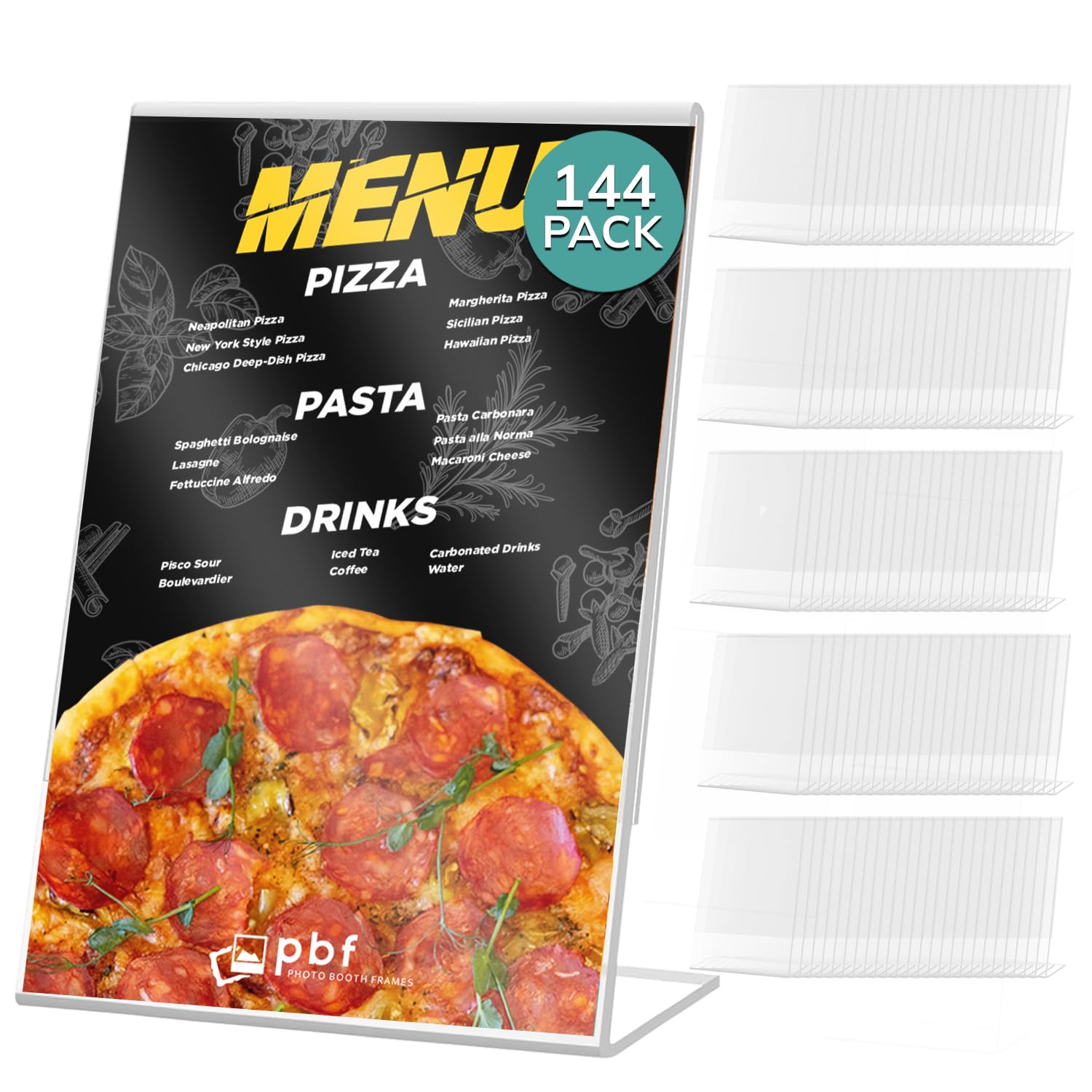 4x6 Acrylic Sign Holder - Vertical Stand Up Slanted Display Stand for Menus, Flyers & Pictures - Clear Plastic Table Top Frame (144-Pack) - Perfect for Restaurants, Retail Stores & Office Use