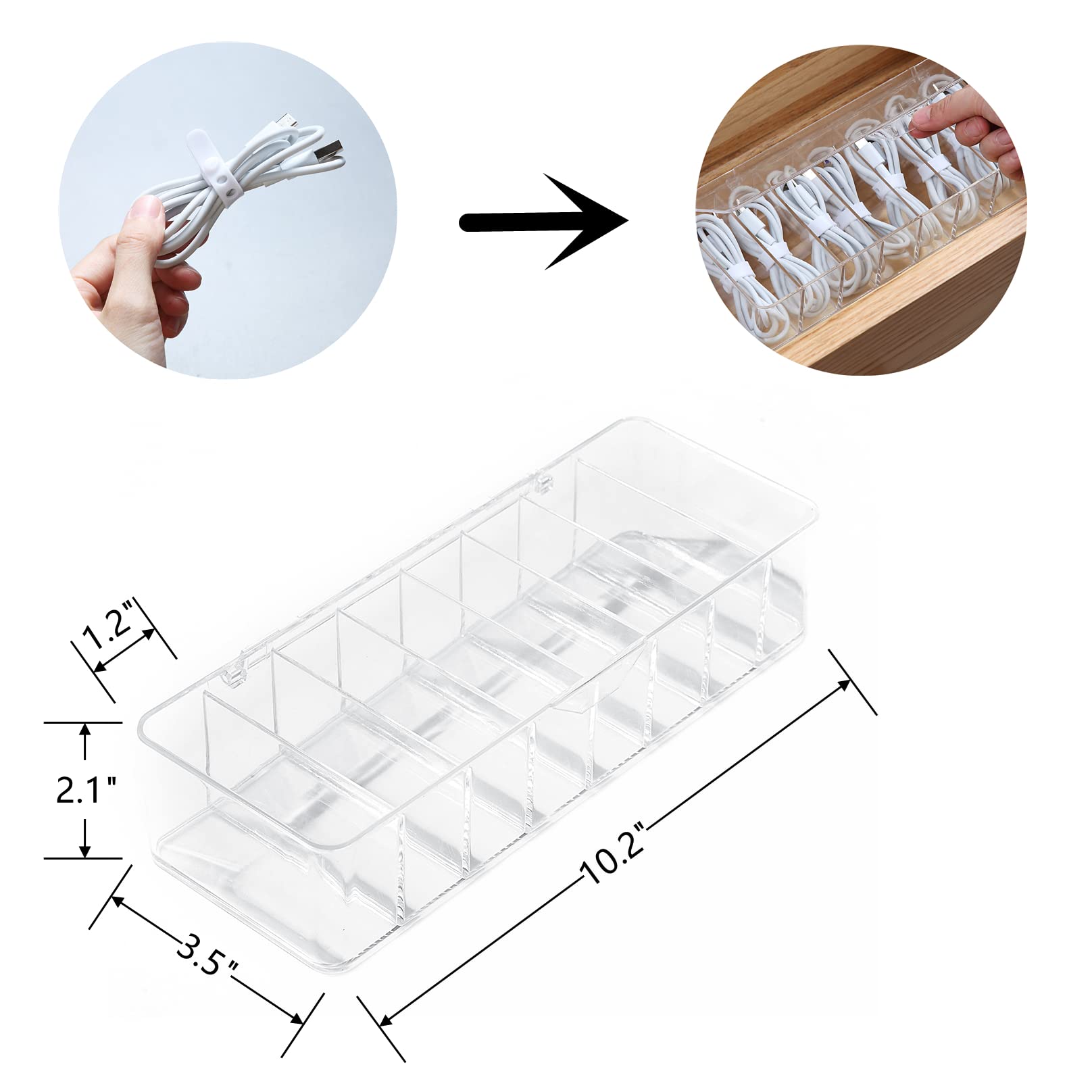 Clear Acrylic Electronics Organizer Box with Cover - 8 Compartment Charger & Cord Storage Case with 10 Wire Ties - Perfect for Home, Office & Travel Cable Management (White)