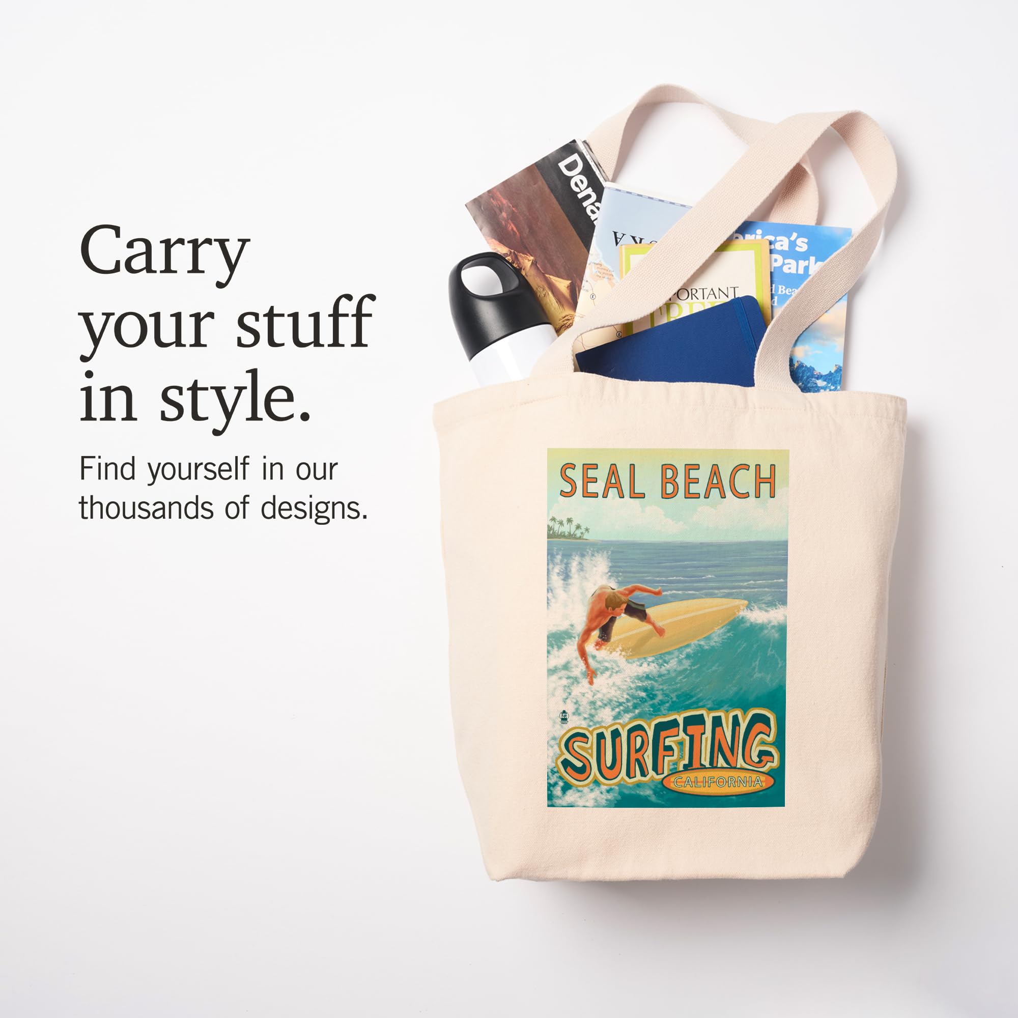 Lantern Press Seal Beach California Surfer Tropical Tote Bag - 100% Cotton Canvas Reusable Shopping Bag for Beach, Grocery & Daily Use