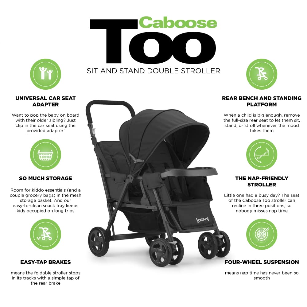 Joovy Caboose Too Sit and Stand Double Stroller with Universal Car Seat Adapter - 3-Way Reclining Seats, Rear Seat/Bench Seat/Standing Platform Options - Perfect for Twins, Siblings & Toddlers (Black) | Ideal for Shopping, Travel & Family Outings