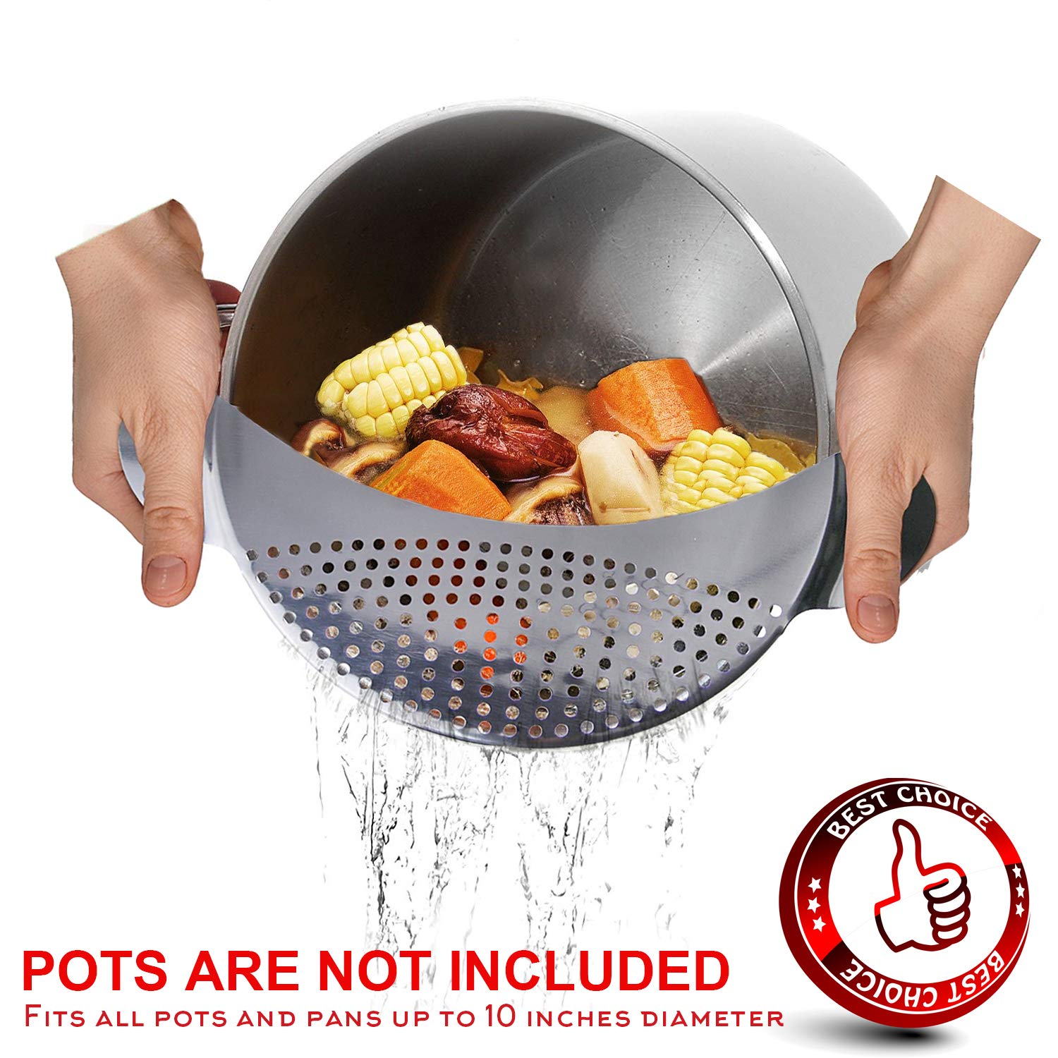 Premium Stainless Steel Pasta Strainer & Colander - 10 Inch Universal Fit for Pots, Perfect for Draining Spaghetti, Vegetables & More - Ideal for Home Kitchens & Professional Cooking