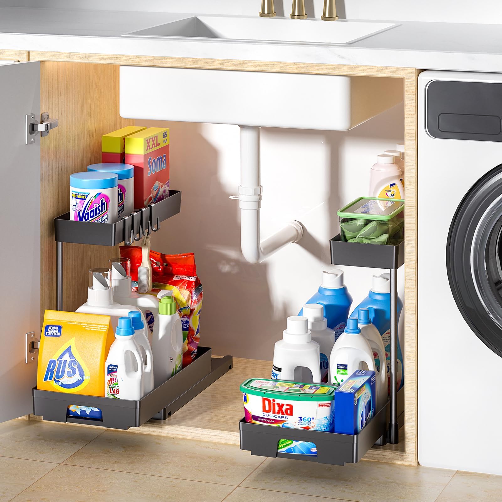 2 Pack Under Sink Organizers and Storage - 2 Tier L-Shape Pull Out Cabinet Organizer for Kitchen & Bathroom, Black Under Counter Storage with Drawer - Perfect for Maximizing Space Under Sink in Small Kitchens, Bathrooms, RVs and Apartments