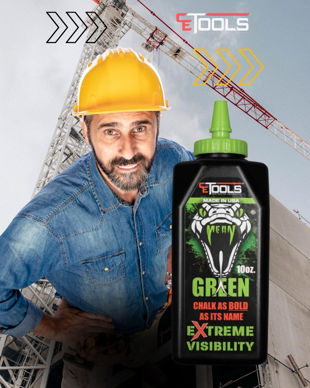 CE TOOLS Mean Green® High-Visibility Marking Chalk - 10 oz (283.5g) | USA Made, Hydrophobic Construction Chalk for Chalk Lines | Perfect for Outdoor Work, Road Marking & DIY Projects