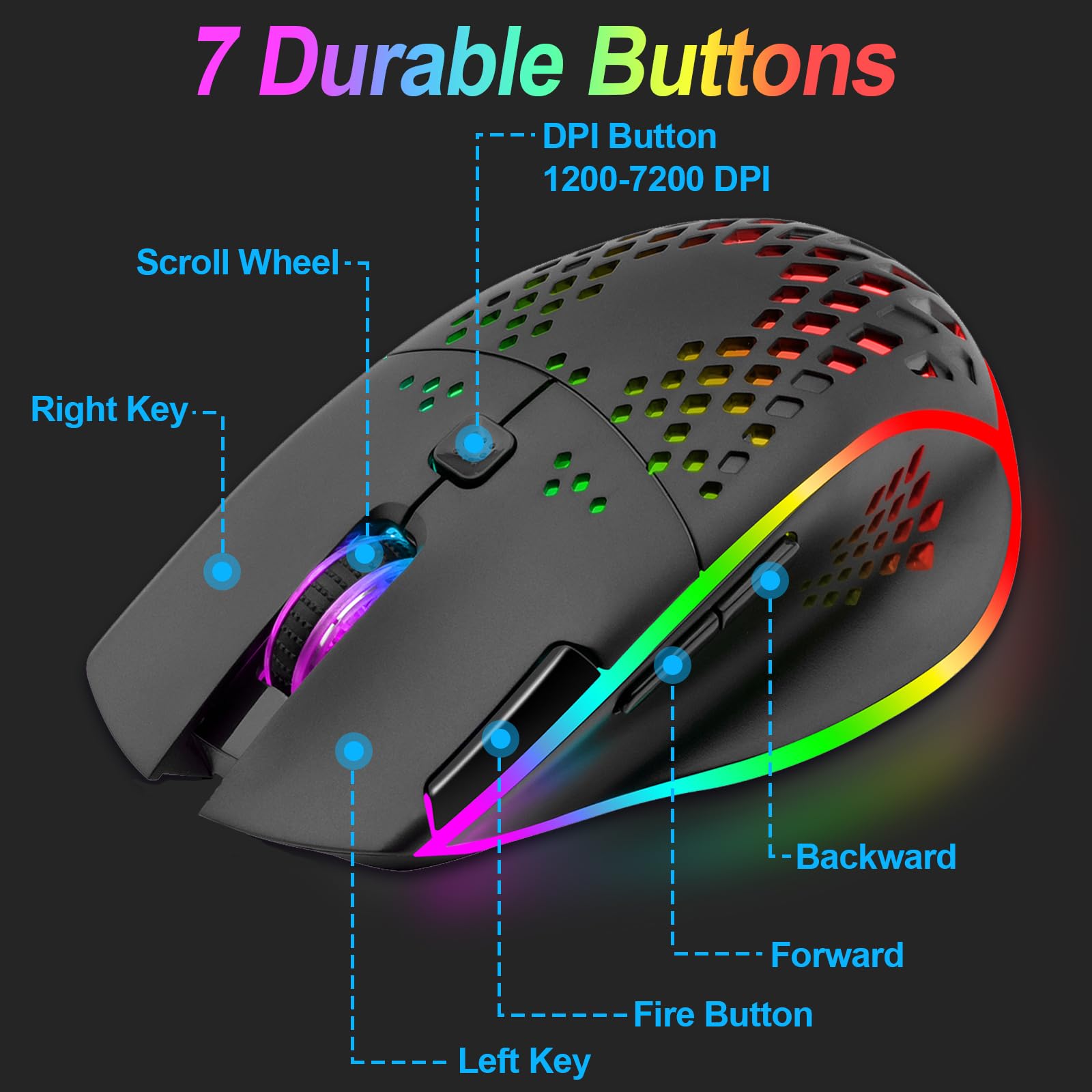 VEGCOO C30 Wireless Rechargeable Gaming Mouse - Silent Click, RGB LED Lights, 3 Adjustable DPI Levels, 400mAh Battery - Perfect for PC Gaming, Office Work & Home Use