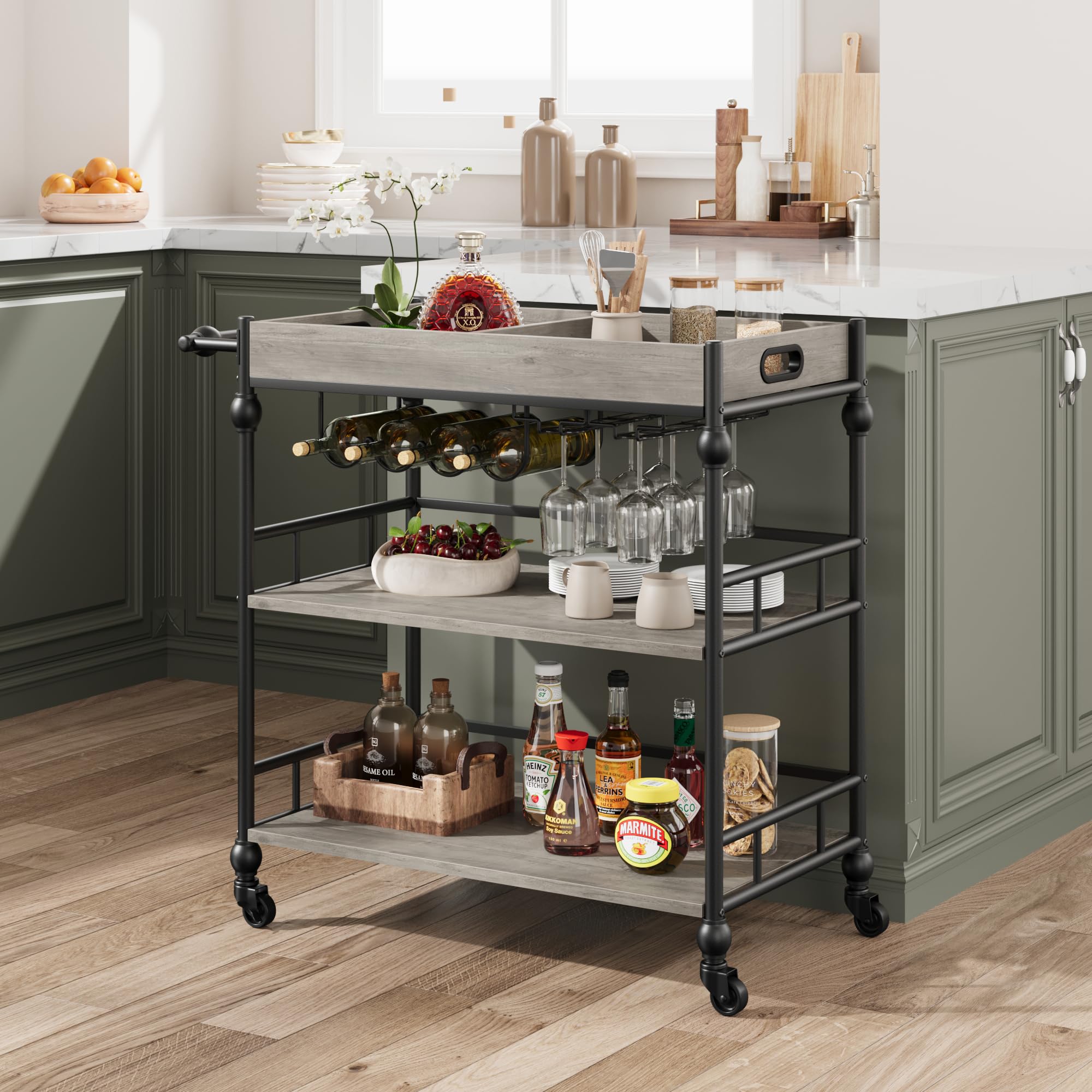 GARVEE 3-Tier Rolling Bar Cart with Wheels - Wine Rack & Glass Holder - Mobile Kitchen, Living Room, Dining Room Furniture - Grey - Perfect for Home Entertaining & Small Space Storage