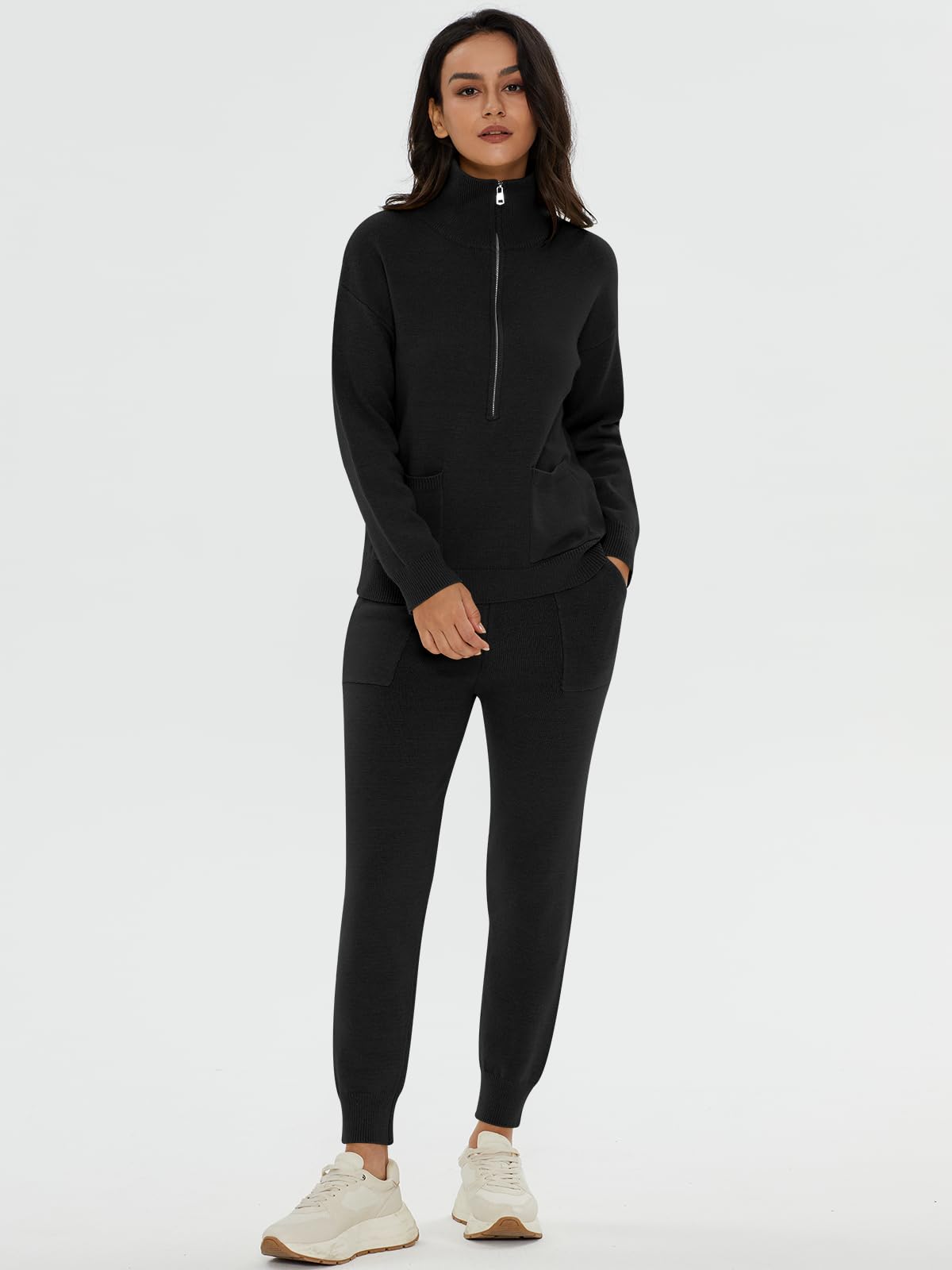 DEEP SELF Women's 2-Piece Sweater Set - Long Sleeve Half Zip Pullover & Jogger Pants Lounge Outfit with Pockets | Cozy Winter Outfit, Casual Loungewear, Home & Office Wear