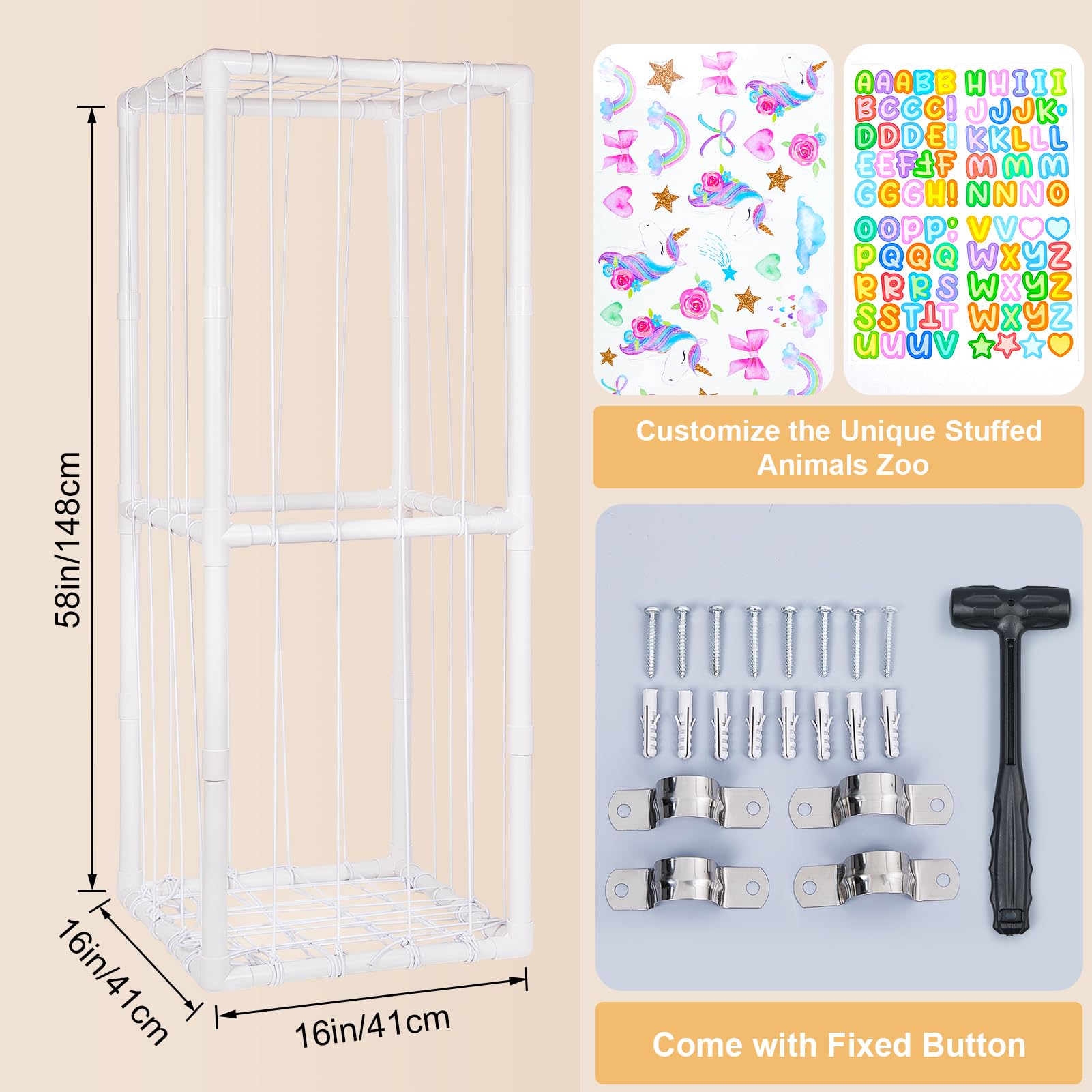 FIOBEE Thick PVC Tube Stuffed Animal Storage Organizer with Elastic Band - Large Plush Toy Holder for Kids Nursery, Playroom, Bedroom | Durable Zoo-Themed Toy Organizer for Stuffed Animals, Dolls & Soft Toys (White) - Perfect for Clutter-Free Kids Rooms & Toy Organization