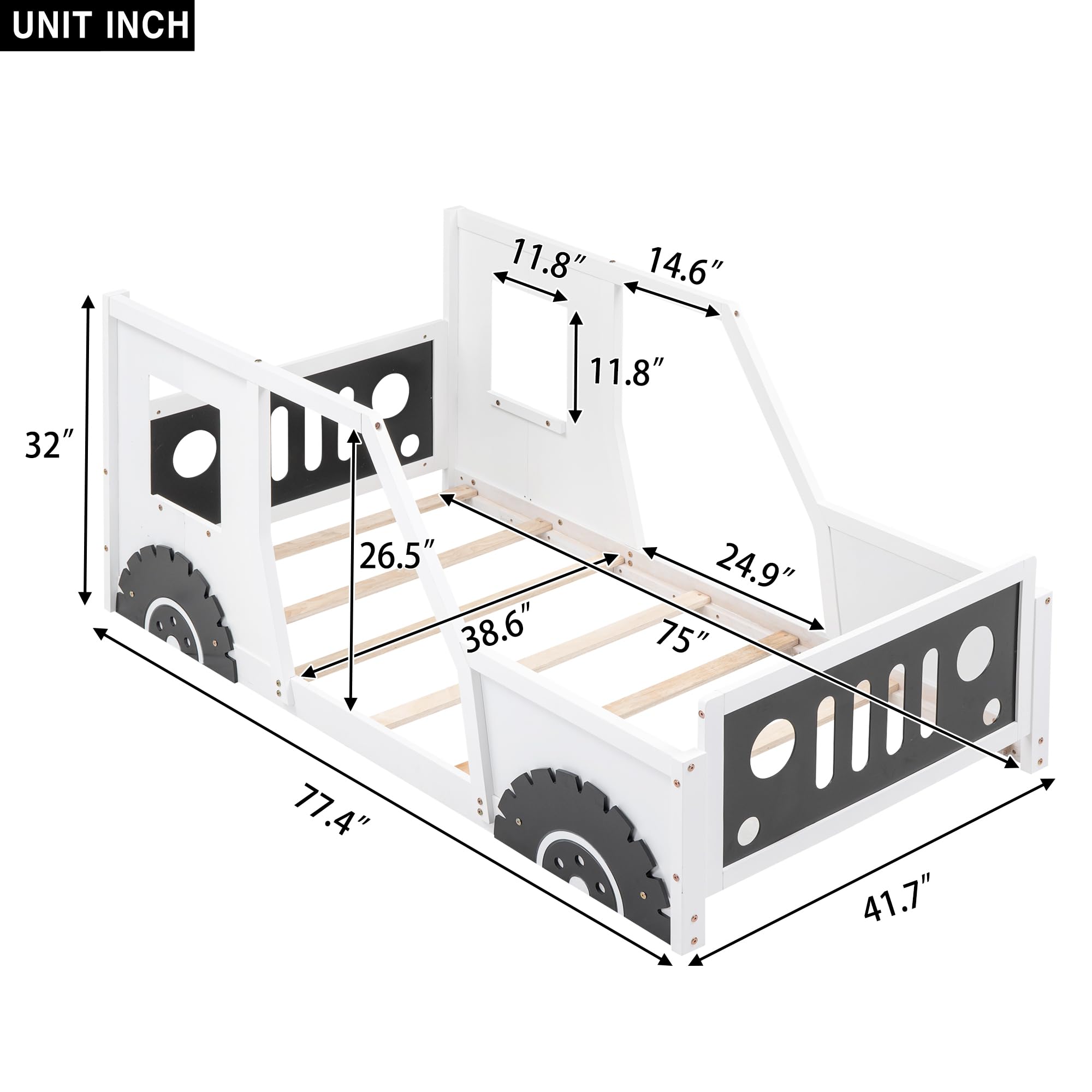 **MERITLINE Twin Size Kids Floor Car Bed - Wooden Platform Bed Frame with Doors, Wheels & Slat Support - No Box Spring Needed - Perfect for Boys & Girls Bedrooms, Playrooms & Themed Kids Rooms - White**