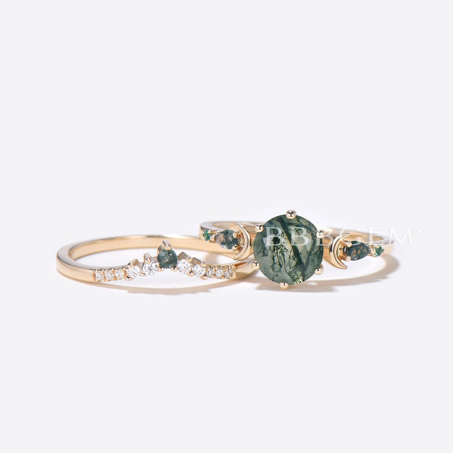 14K Gold Moss Agate Moon Engagement Ring – Elegant Aquatic Agate Wedding Band for Women, Perfect for Proposals, Anniversaries & Romantic Occasions