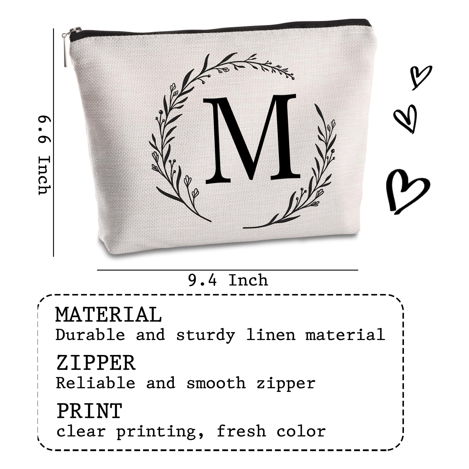 Personalized Monogrammed Travel Makeup Bag with M Initial - Cosmetic Organizer for Women, Mom, Best Friend, Bride & Bridesmaid - Perfect Birthday Gift for Travel, Wedding & Everyday Use