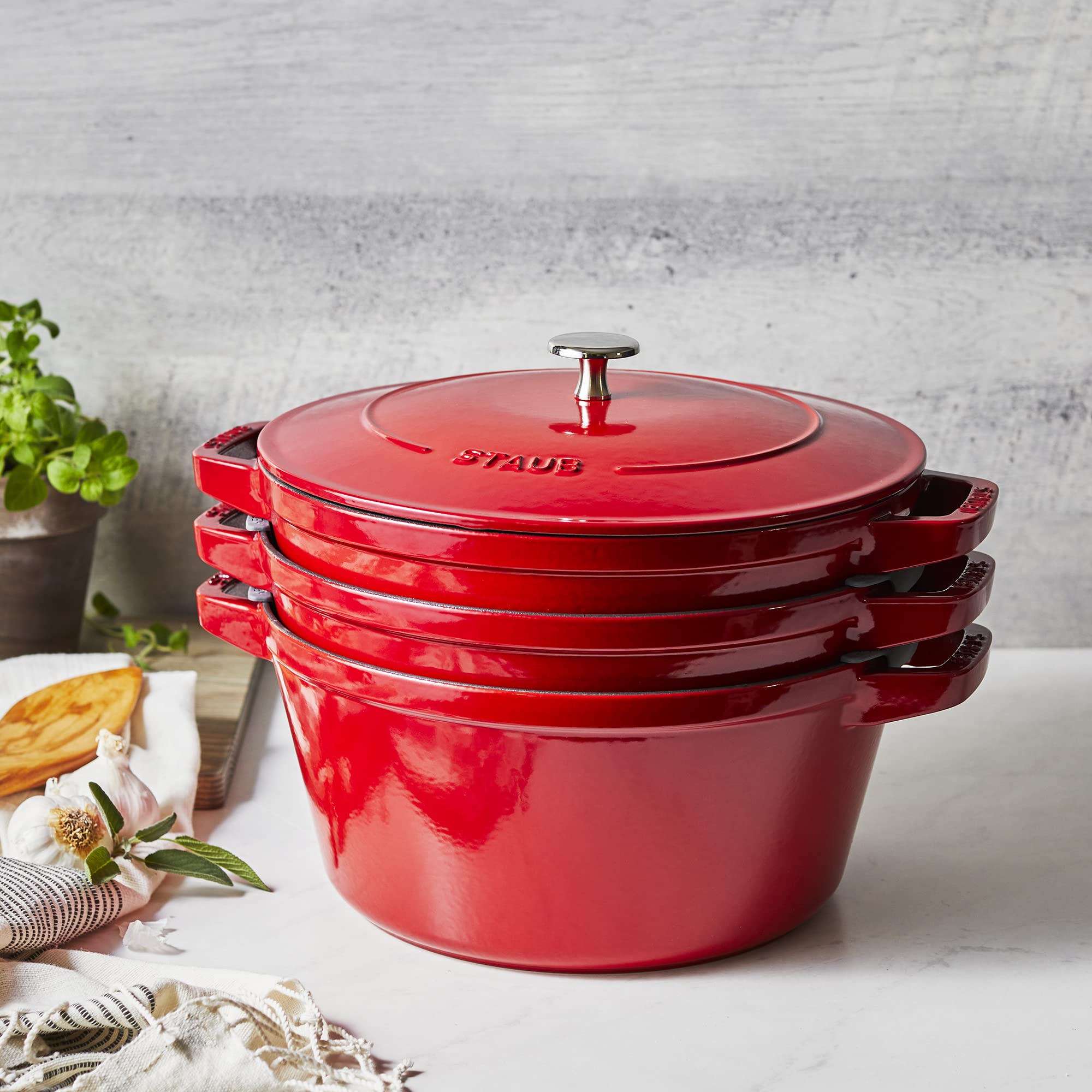 STAUB 4-Piece Cast Iron Cookware Set - Stackable Dutch Oven, Skillet & Grill Pan with Universal Lid - Premium French-Made Cherry Red Cookware for Baking, Roasting & Grilling - Perfect for Home Kitchens & Outdoor Cooking