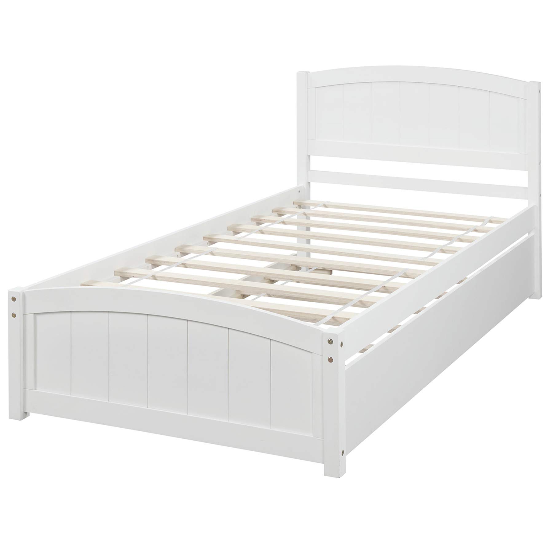 Merax Twin Size Wood Platform Bed Frame with Trundle - No Box Spring Needed, White - Perfect for Kids' Rooms, Guest Bedrooms & Small Spaces