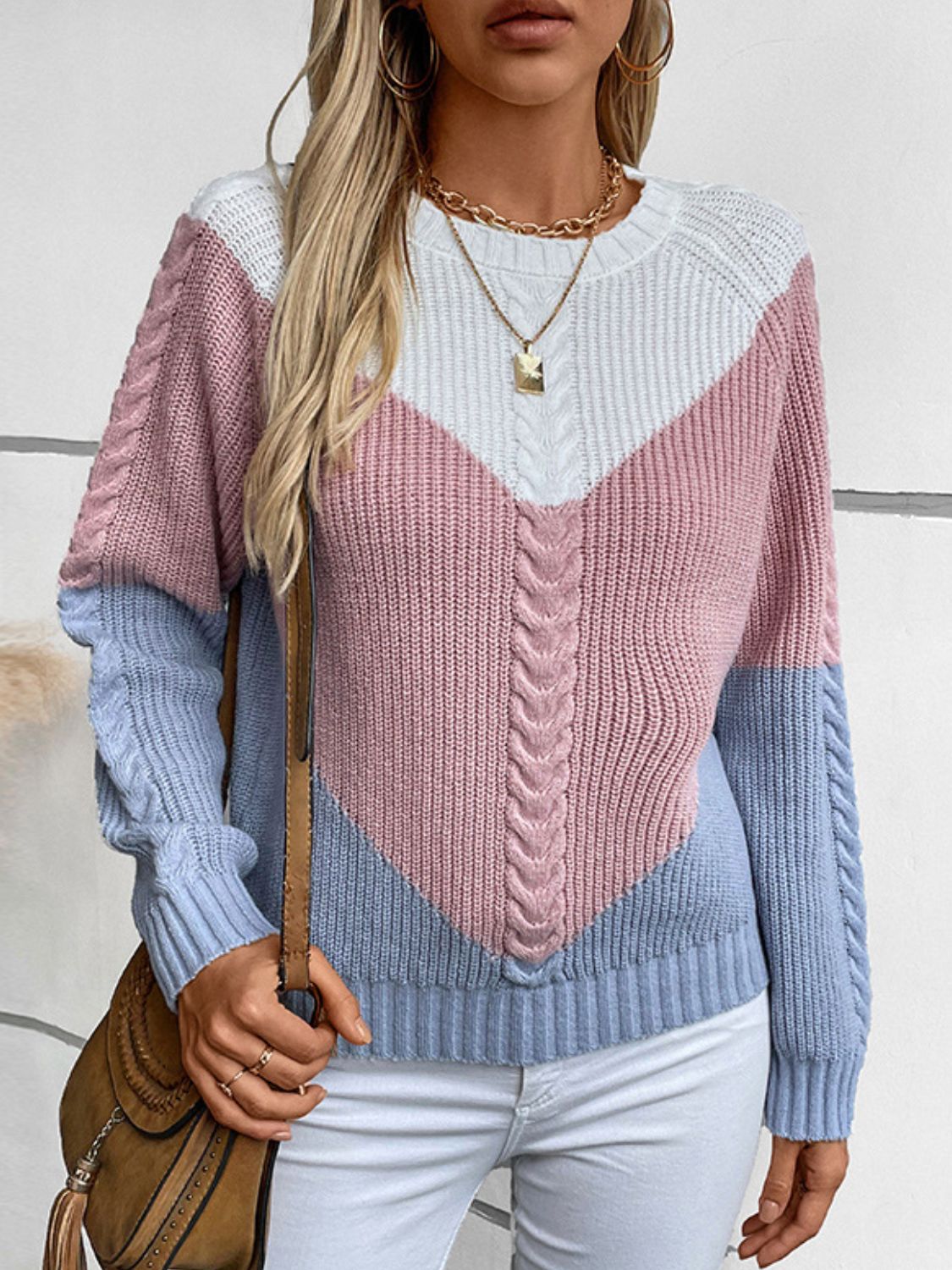 Color Block Round Neck Long Sleeve Sweater for Women - Soft Knit Pullover Winter Tops - Casual Office Wear & Holiday Outfits