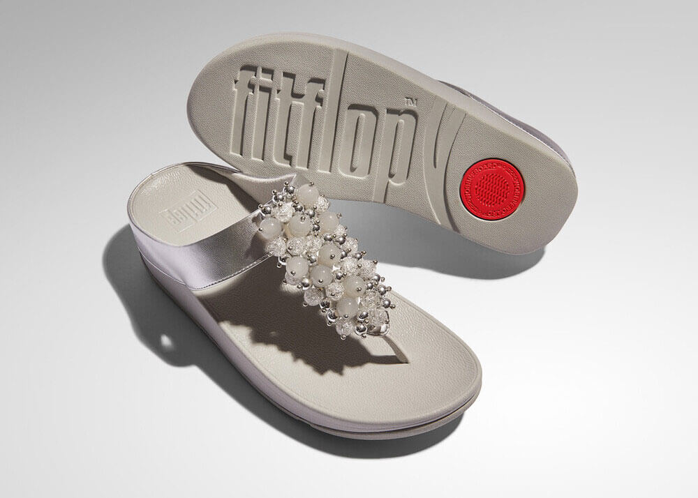 FitFlop Fino Bauble Bead Leather Sandals for Women - Silver | Comfortable & Stylish Flip Flops for Beach, Pool & Summer Outfits
