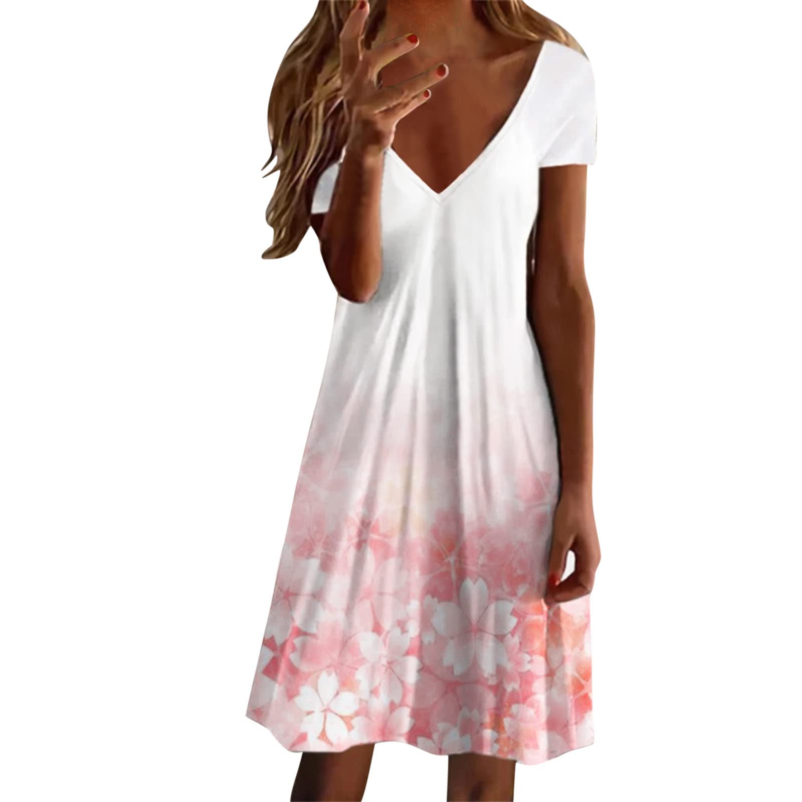 Women's Casual V-Neck Floral Print Short Sleeve Summer Dress - Lightweight Beach Sundress for Vacation, Picnic, and Outdoor Activities