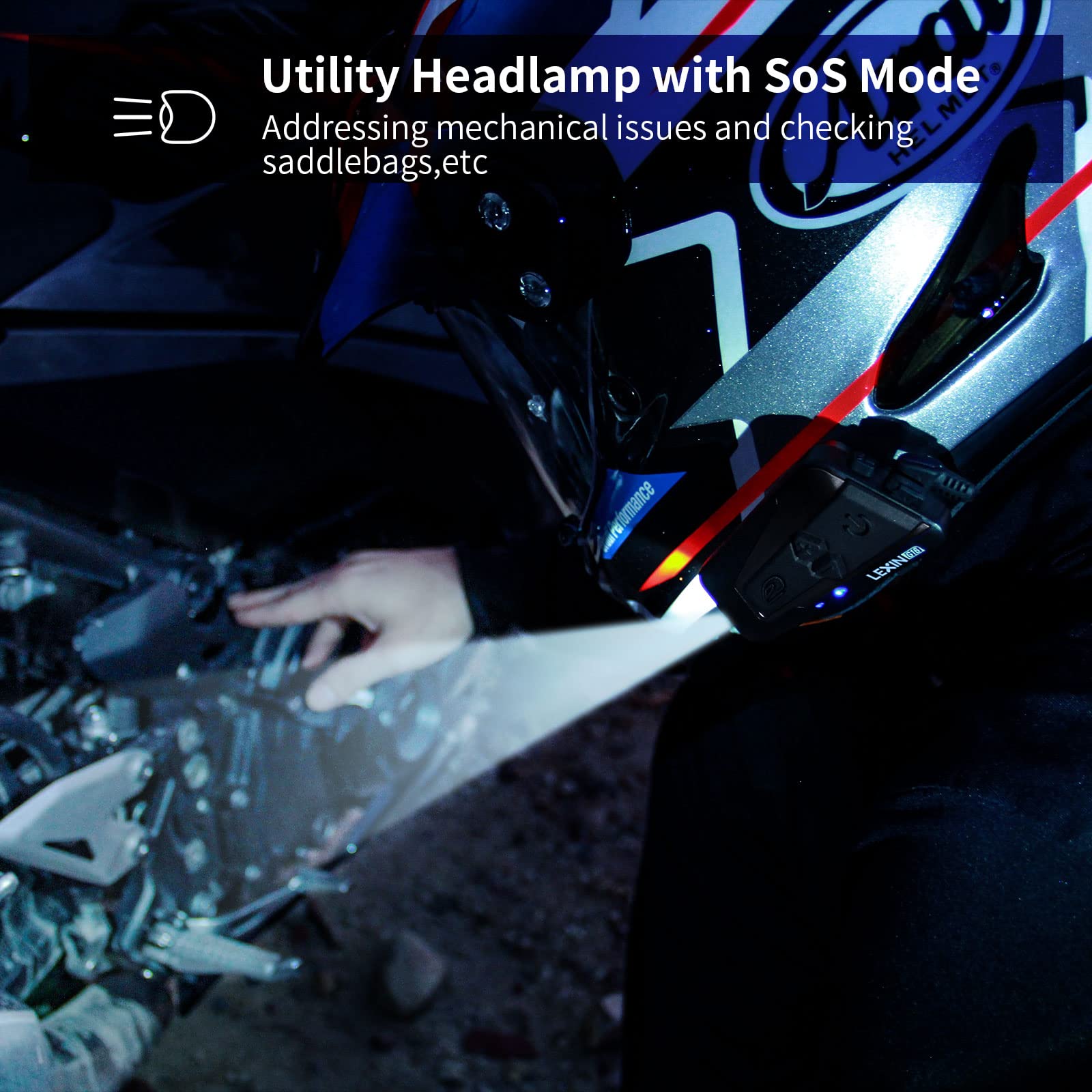 LEXIN G16 Motorcycle Bluetooth Headset with Headlamp & SOS Mode - 16 Rider 2000m Helmet Communication System, Music Sharing & Universal Pairing for Snowmobile/ATV (2 Pack) - Perfect for Group Rides, Off-Road Adventures & Emergency Situations