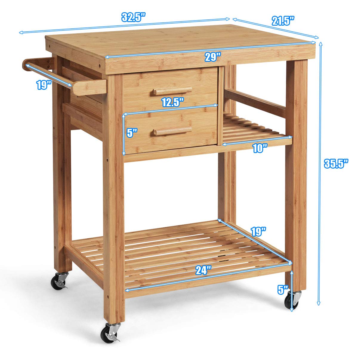 **Giantex Bamboo Kitchen Island Cart with 2 Drawers, Towel Rack & Locking Casters - Natural Wood Rolling Kitchen Trolley for Small Spaces, Dining Room & Food Prep**