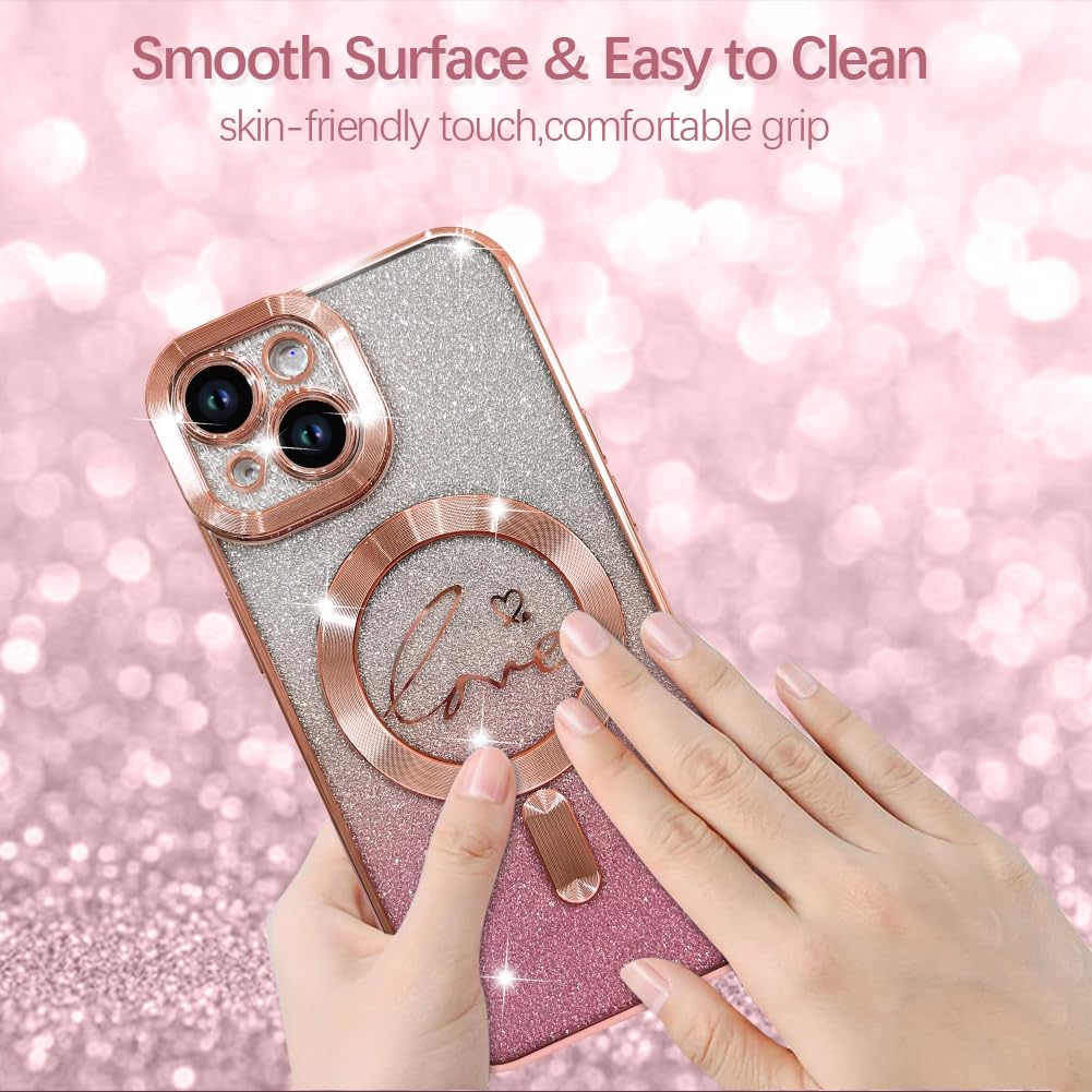 Magnetic Glitter Case for iPhone 15 - Luxury Gold Plated Heart Design, Magsafe Compatible Clear Protective Cover with Camera Protector, Shockproof Slim Phone Case for Women & Girls (Pink) - Perfect for Everyday Use, Dating, Parties & Gift Giving