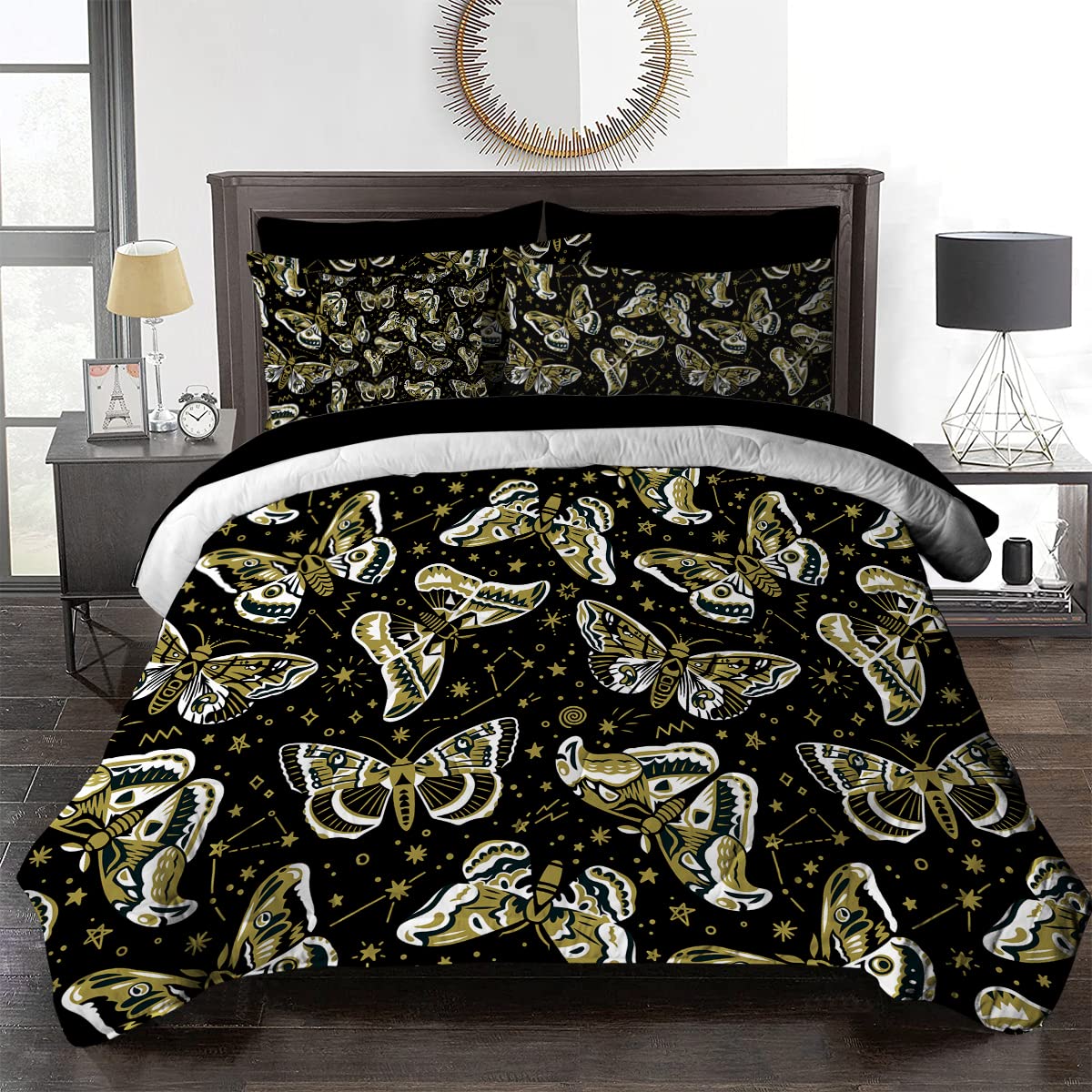 BlessLiving 8-Piece Monarch Butterfly Comforter Set - Queen Size Bedding with Gold & Black Design, Includes 1 Comforter, 2 Pillow Shams, 1 Flat Sheet, 1 Fitted Sheet, 1 Cushion Cover & 2 Pillowcases - Perfect for Bohemian Bedroom Decor & Butterfly Theme Rooms