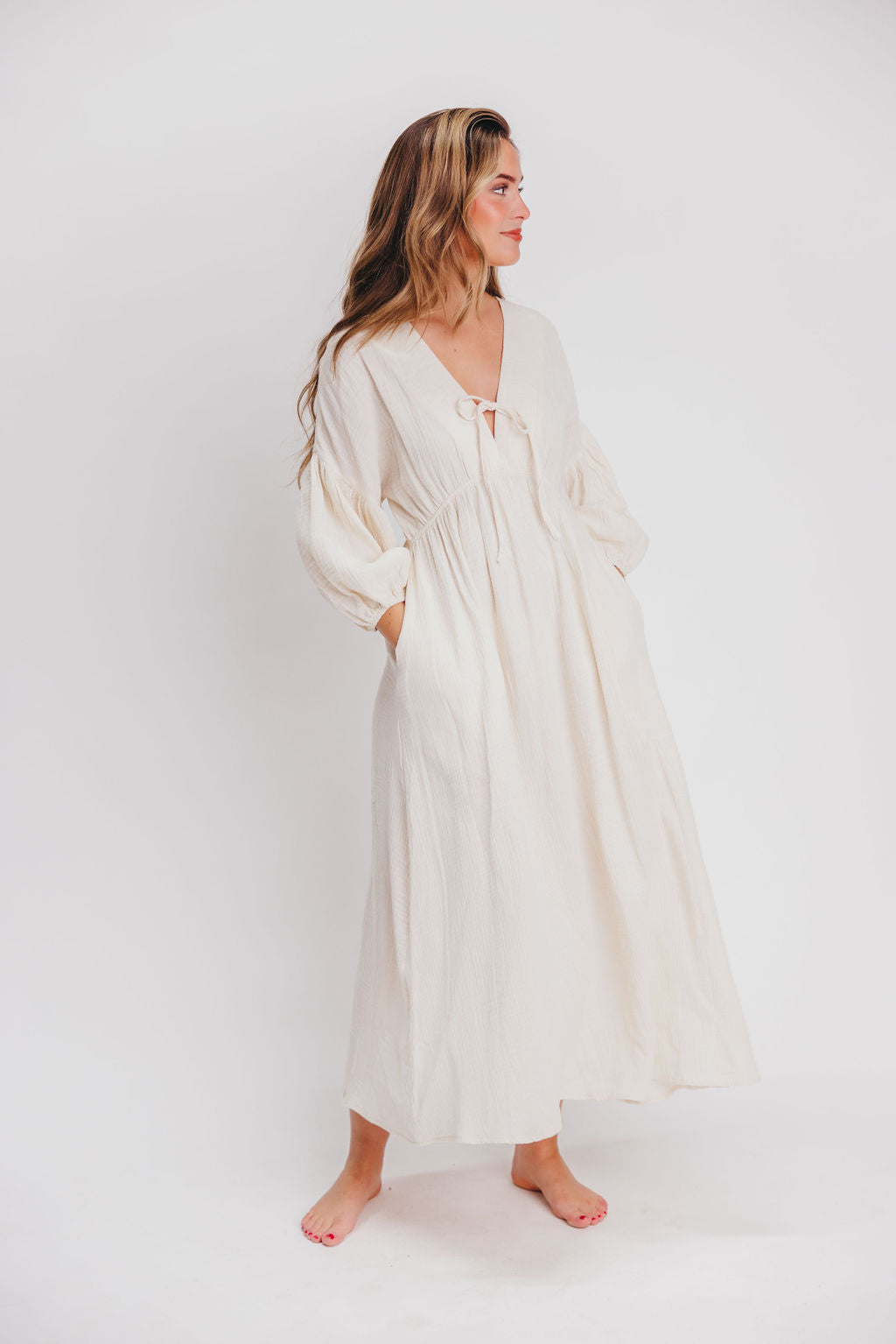 Hunter 100% Cotton Gauze Midi Dress in Soy - Bump Friendly Maternity Dress for Pregnancy, Nursing & Postpartum - Perfect for Summer, Beach & Casual Wear