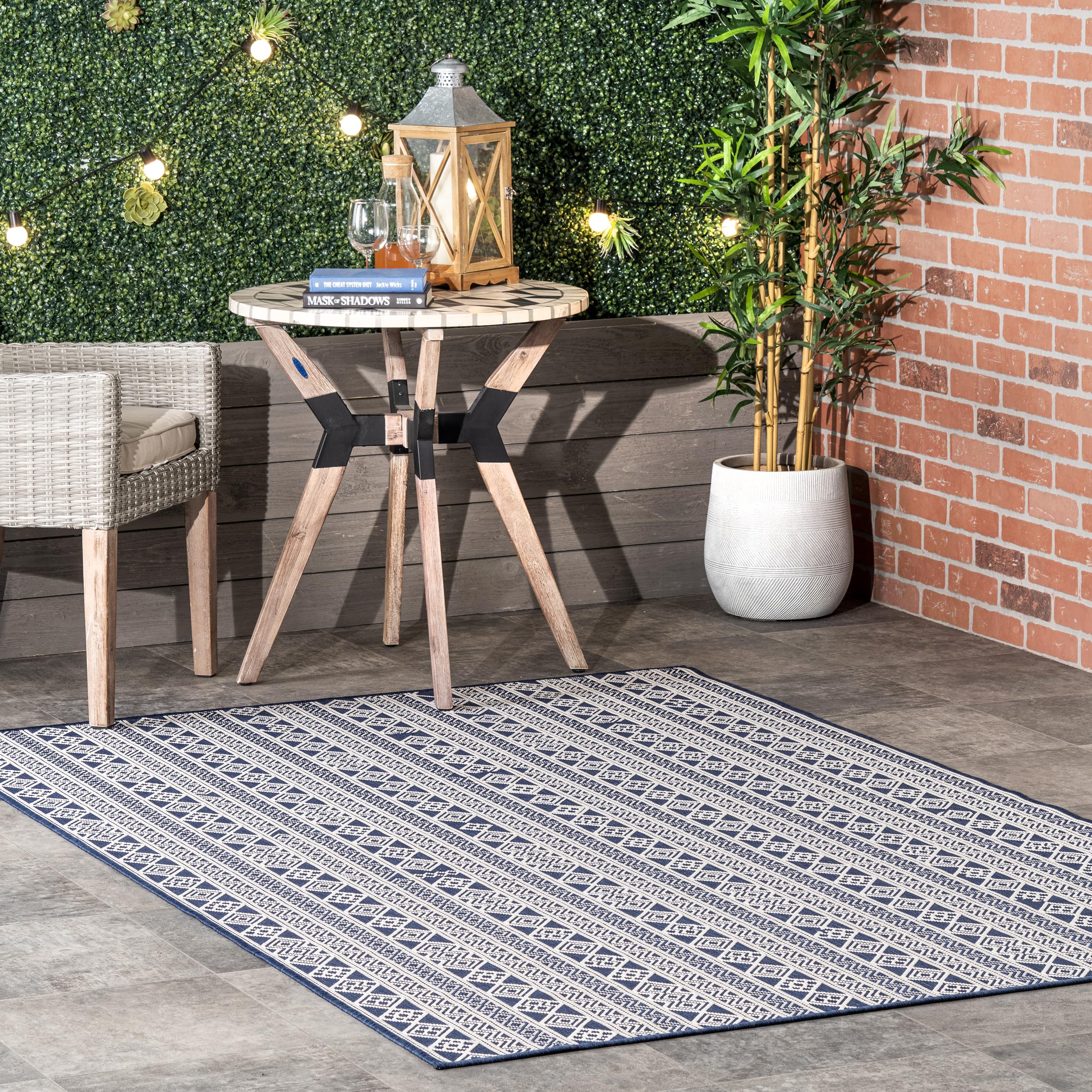 nuLOOM 7' x 9' Outdoor Performance Area Rug - Stain & Weather Resistant, High Traffic Patio & Balcony Rug - Perfect for Devon Navy Outdoor Spaces, Backyard Decor & Poolside Lounging