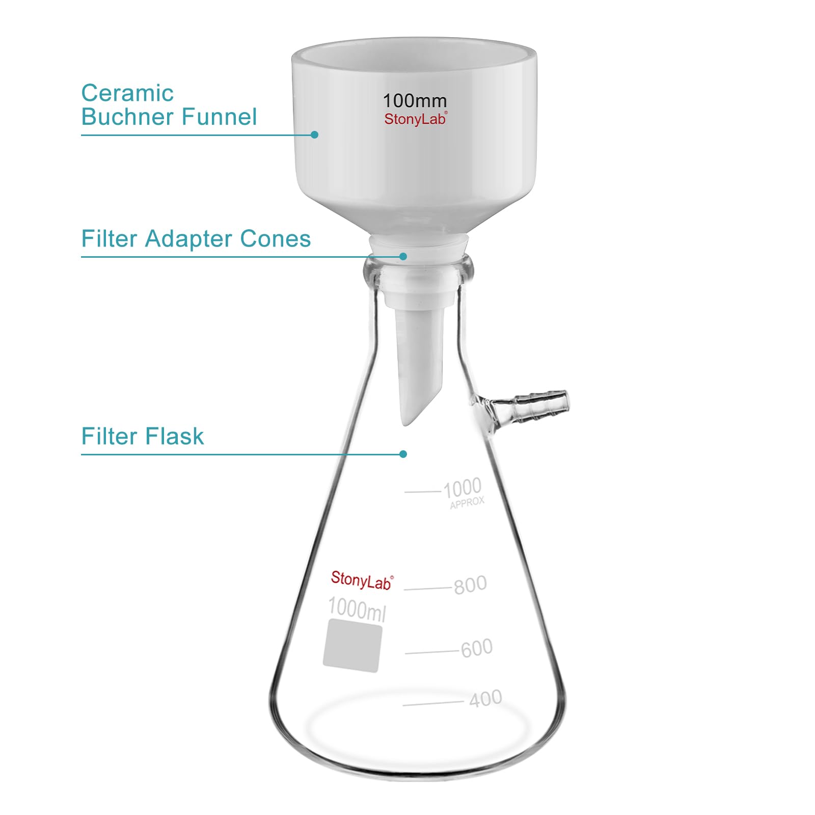 Stonylab Porcelain Buchner Funnel & 1L Heavy Duty Glass Filter Flask Set - 100mm Lab Filtration Kit with Adapter Cones for Chemistry Experiments, Vacuum Filtration & Scientific Separation
