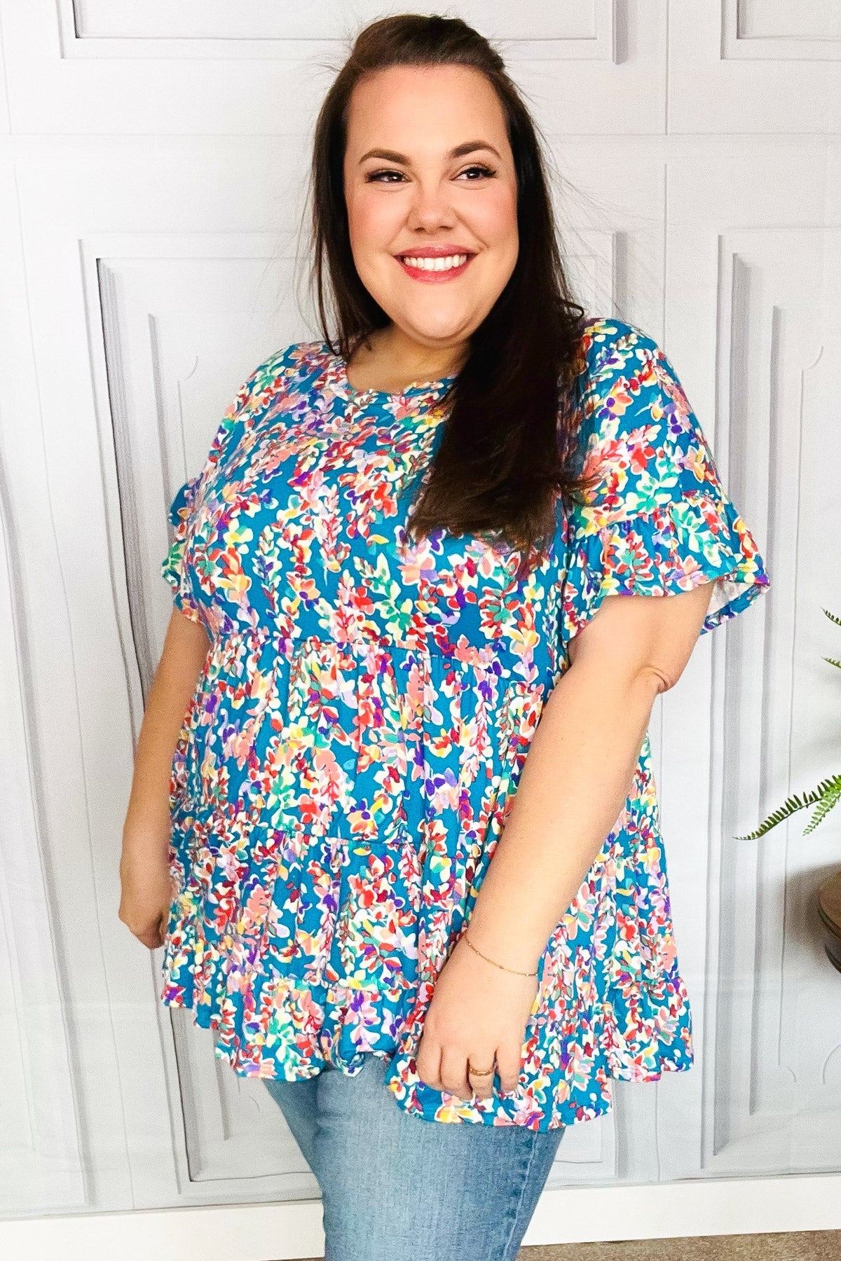 Blue Floral Ruffle Hem Tiered Top Women's Blouse - Elegant Summer Tops for Casual Outings & Date Nights