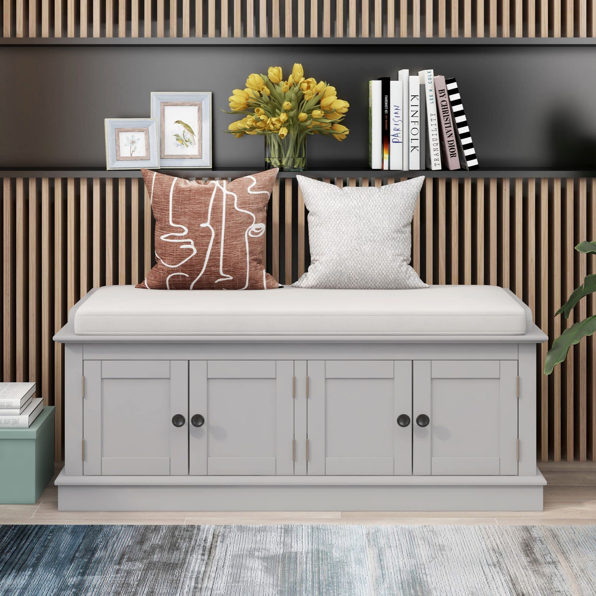 Upholstered Storage Bench with 4 Doors & Removable Cushion - Wooden Shoe Bench with Adjustable Shelves for Entryway, Living Room, Bedroom - Grey Home Furniture for Organizing Shoes, Blankets & Home Decor