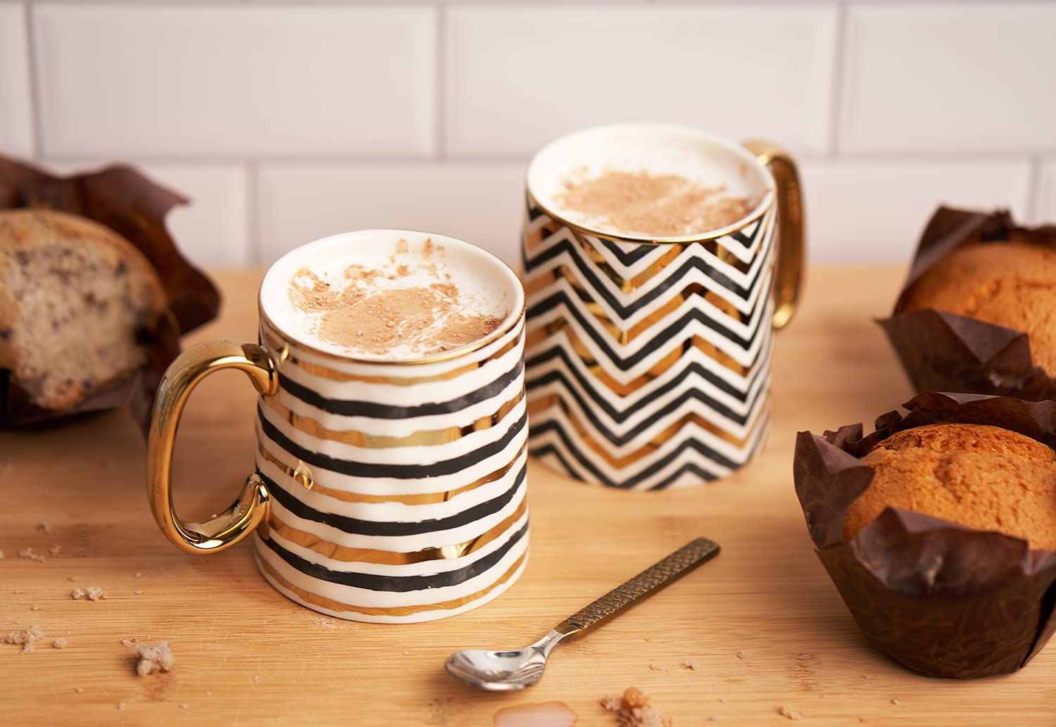 Premium Black and Gold Porcelain Coffee Mug Set - 14.8 oz Geometric Design with Metallic Accents - Elegant Tea Cups with Handles (Set of 2) - Perfect for Home, Office, or Gift Giving