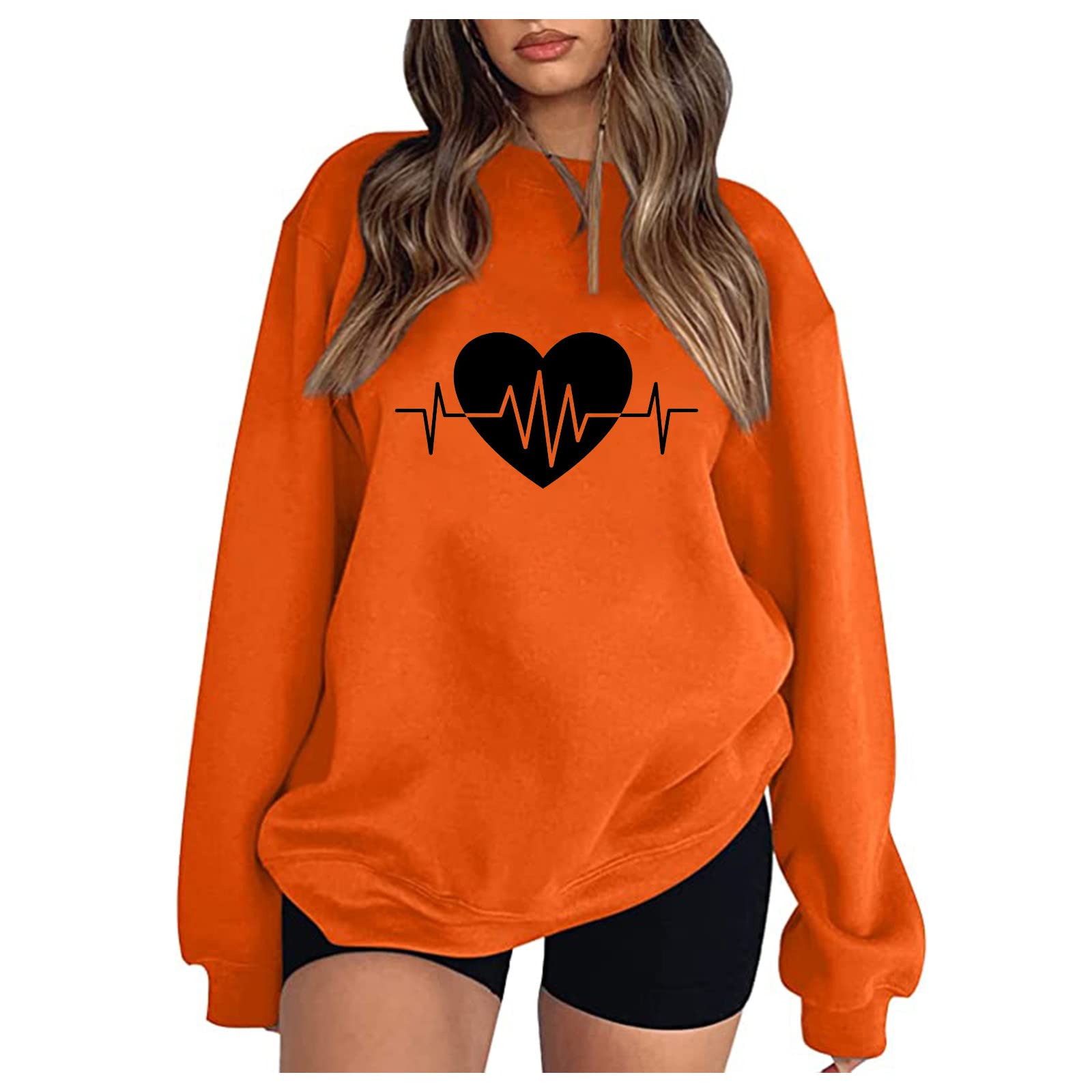 Funny Heart ECG Graphic Print Women's Long Sleeve Pullover Sweatshirt - Casual Round Neck T-Shirt for Everyday Wear, Work & Date Nights