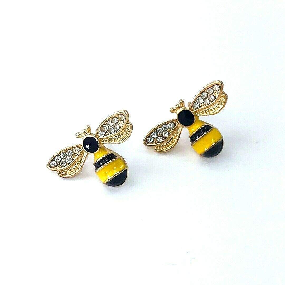 Gold Plated Rhinestone Bumble Bee Stud Earrings for Women - Fashionable Mini Yellow Honey Bee Post Earrings - Perfect for Urban Style, Casual Wear & Gift Giving