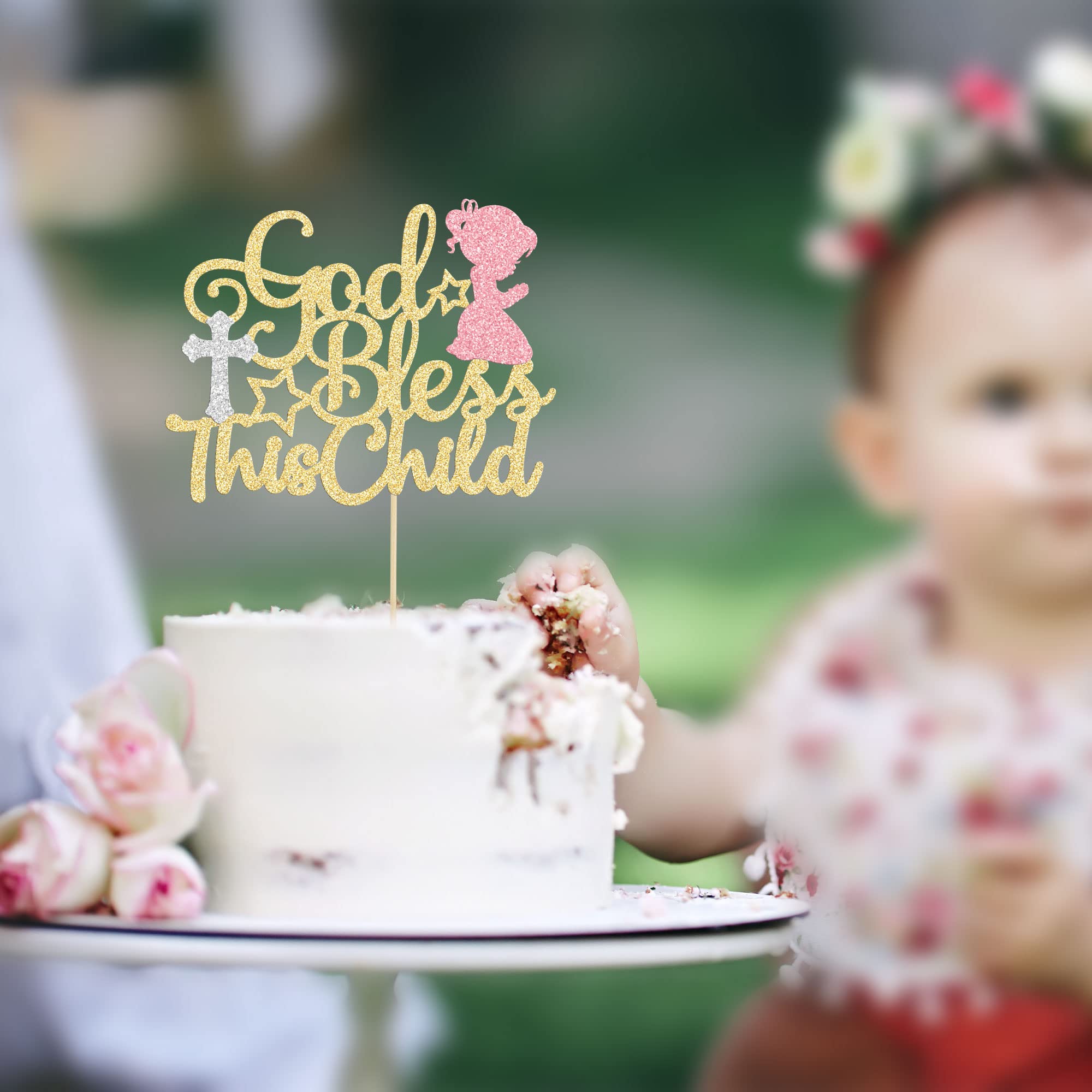 God Bless This Child Cake Topper - Glitter Baptism Decor for Baby Shower, Birthday & Christmas Parties - 1 Pack Cake Pick Decoration Supplies for Celebrations & Special Occasions