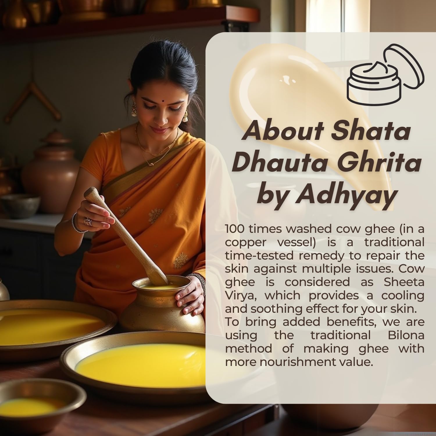 ADHYAY Shata Dhauta Ghrita Skin Renewal Cream - Ayurvedic Anti-Aging Face Moisturizer with 100x Washed Cow Ghee & Marigold Extracts | Wrinkle Repair, Deep Hydration & Skin Nourishment | 40g | Perfect for Daily Skincare Routine & Nighttime Rejuvenation