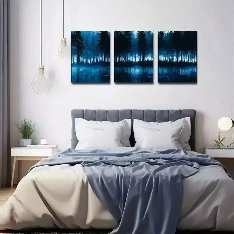 3-Piece Blue & Black Forest Abstract Wall Art Set - Framed Canvas 50x70cm - High Quality Print - 100% Australian Made - Ready to Hang - Perfect for Living Room, Bedroom & Office Decor