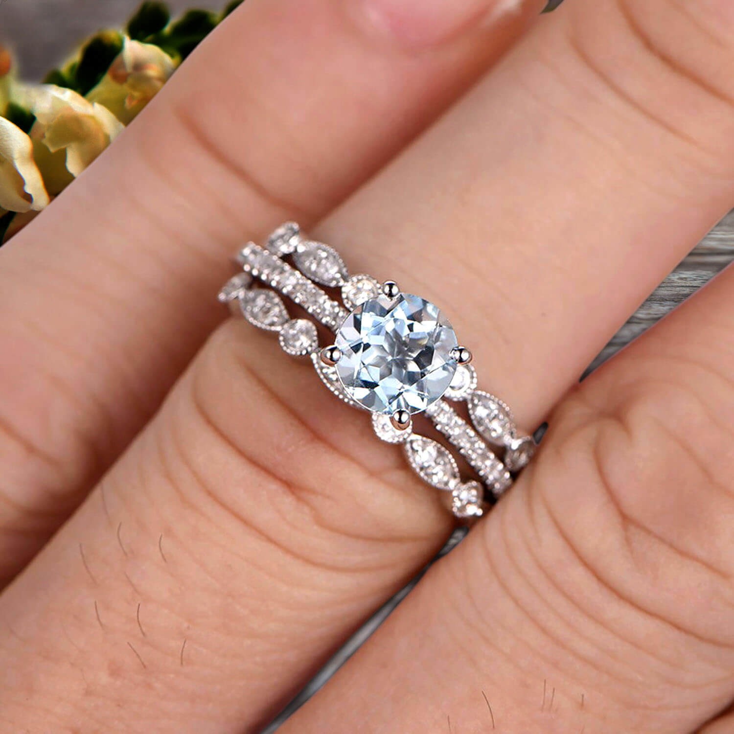 1.75 Carat 3-Piece Wedding Ring Set with Round Cut Aquamarine Engagement Ring in 10K White Gold - Art Deco Style for Bridal Jewelry, Anniversary Gifts & Special Occasions