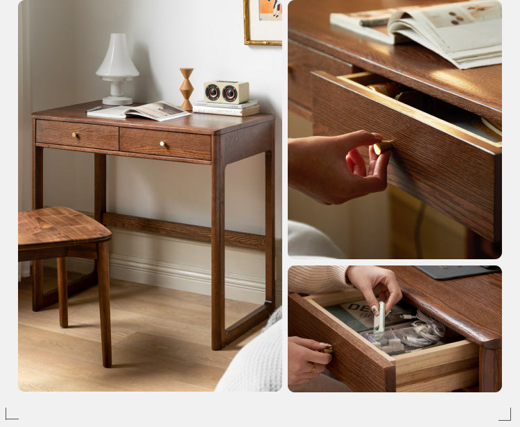 Solid Oak Wood Small Office Desk - Walnut Finish for Home & Workspace - Compact Writing Desk for Study, Dorm, or Apartment