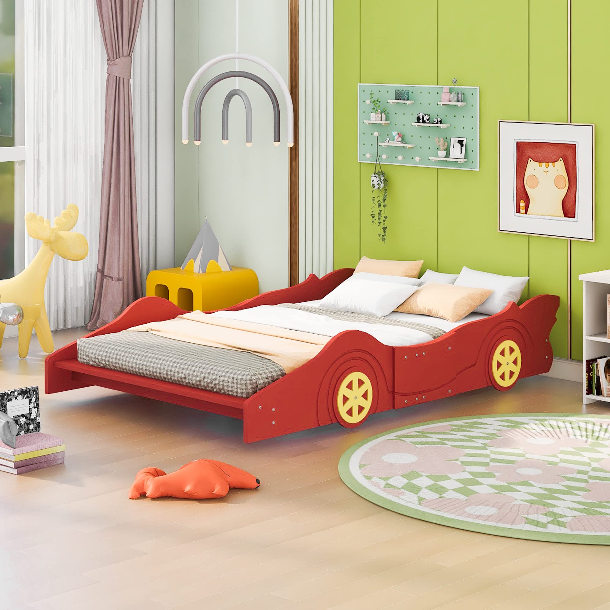 Race Car-Shaped Full Size Wooden Bed Frame for Boys - Red Full Car Bed with Wheels & Slat Support - Fun Kids Bedroom Furniture for Playful Sleep & Adventure Dreams